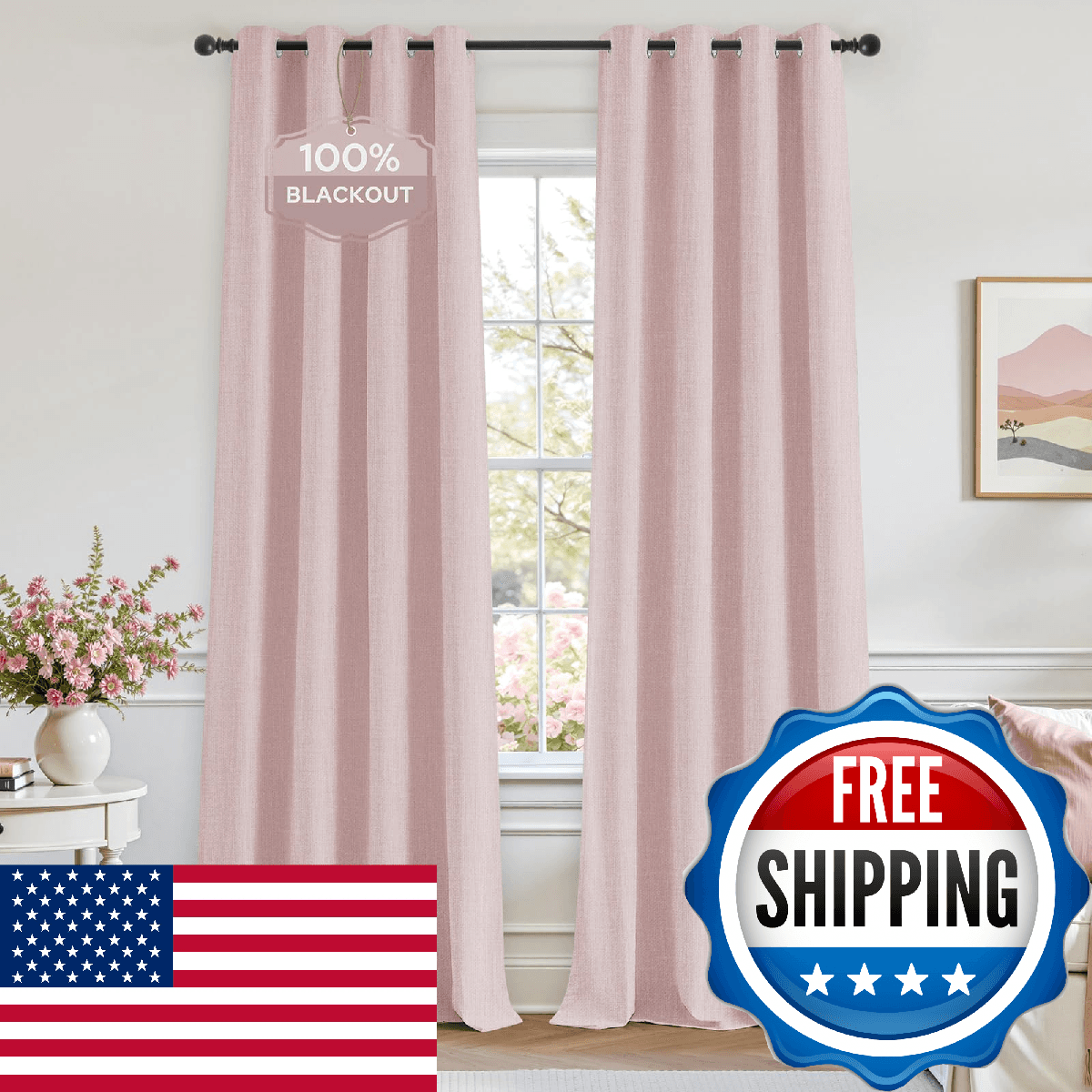 HOMEIDEAS 100% Light Pink Linen Blackout Curtains for Bedroom, 52 x 84 Inch Leng - Image 1