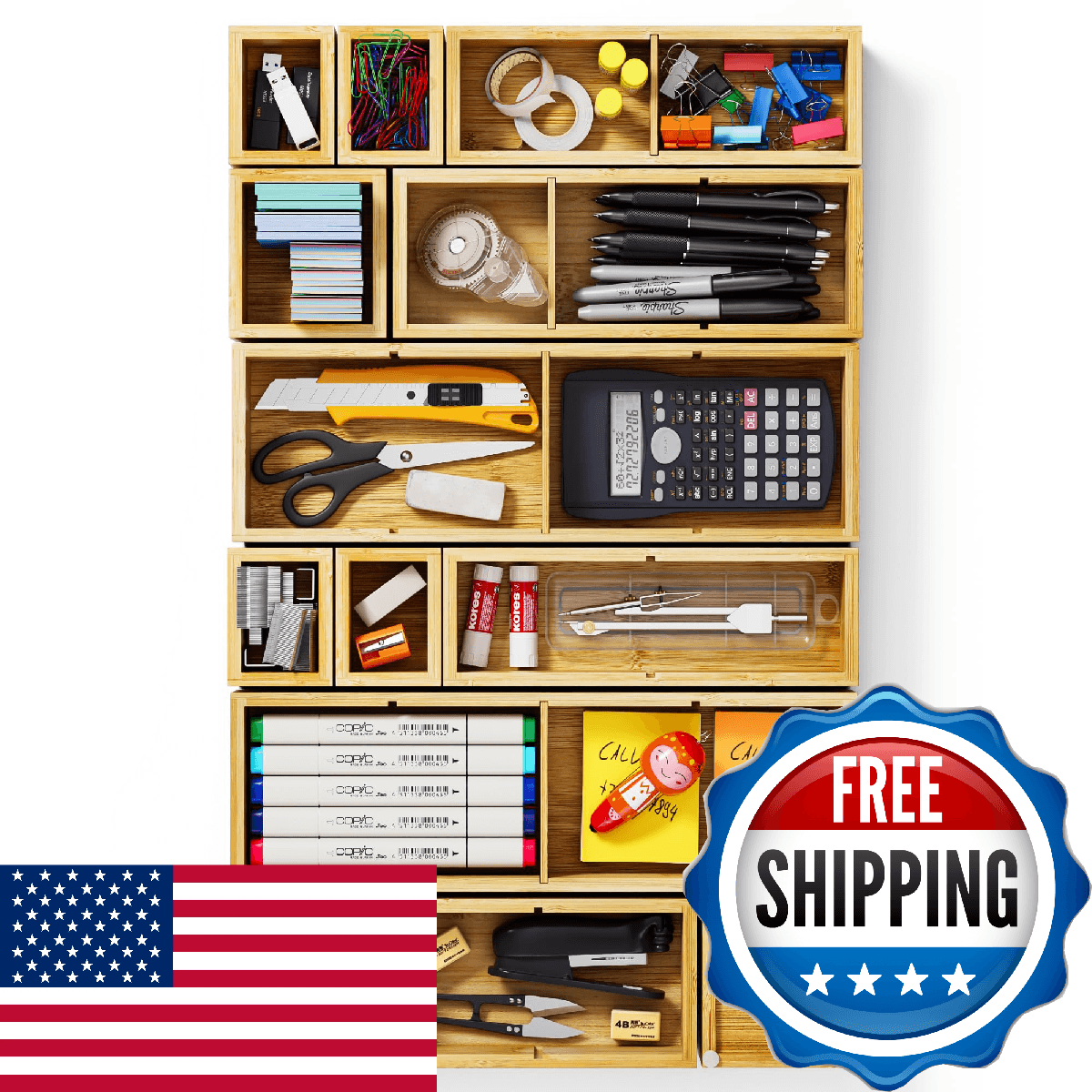 VA1KENE 12-Piece Bamboo Desk Drawer Organizer Set – Adjustable Storage Boxes wit - Image 1