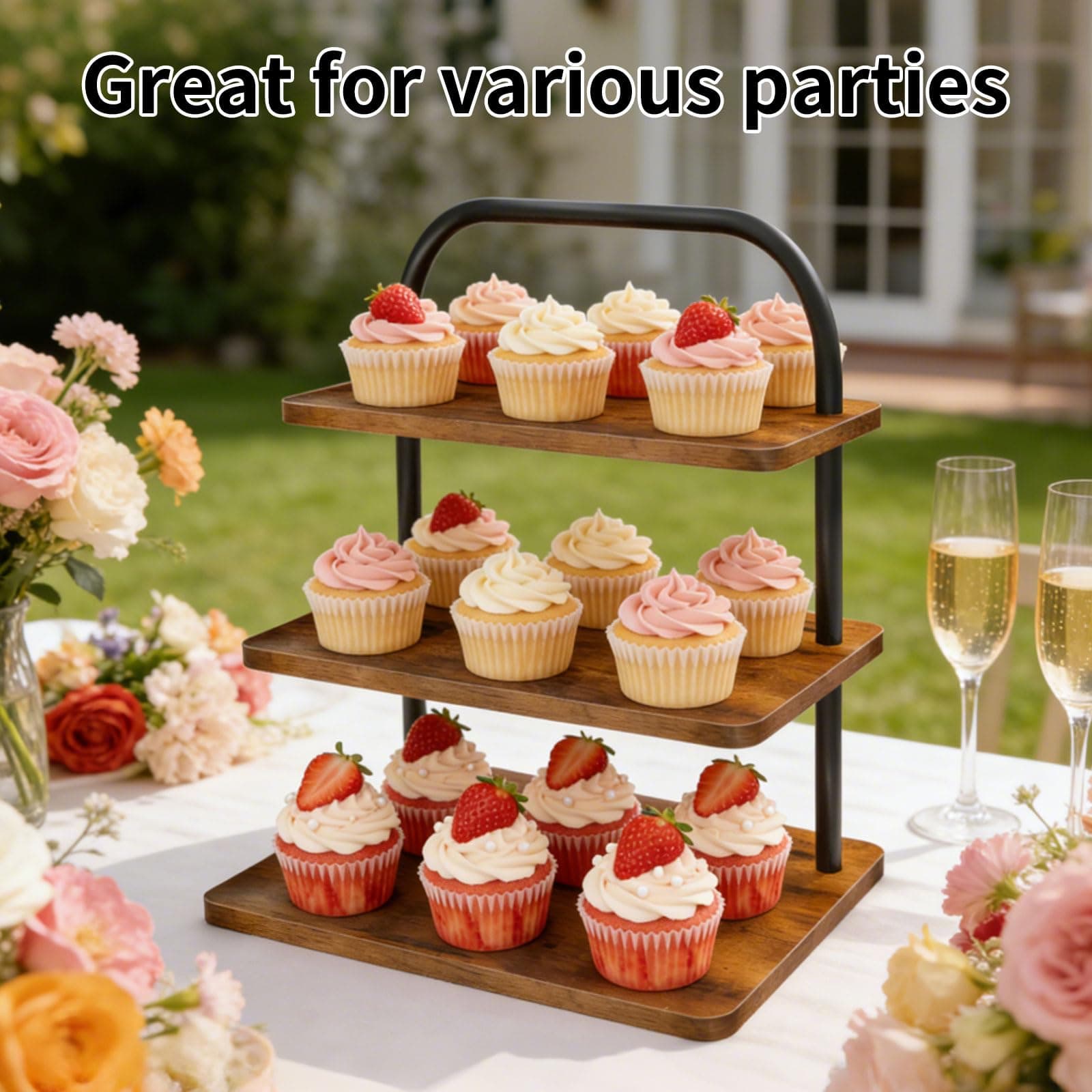 Cupcake Stand for 50 Cupcakes, 2 PACK 3 Tier Wooden Metal Cupcake Stand Reusable - Thumbnail 2