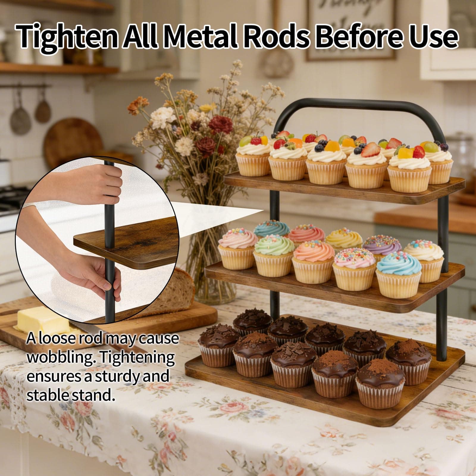 Cupcake Stand for 50 Cupcakes, 2 PACK 3 Tier Wooden Metal Cupcake Stand Reusable - Thumbnail 6