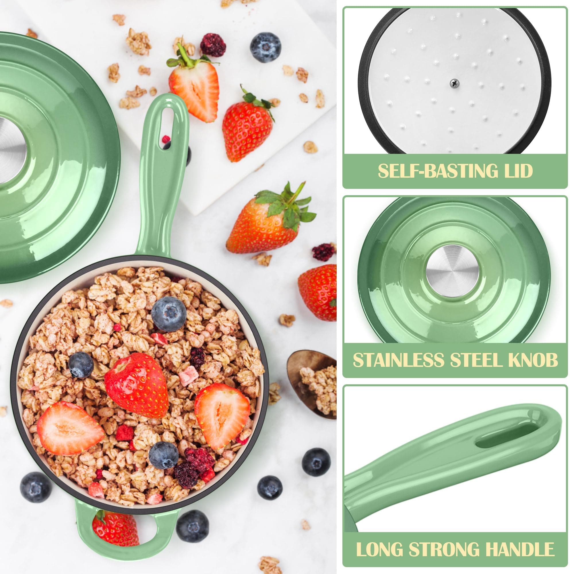 E-far Enameled Cast Iron Sauce Pan with Lid, 1 Quart Dutch Oven Saucepan, Mini S - Thumbnail 4