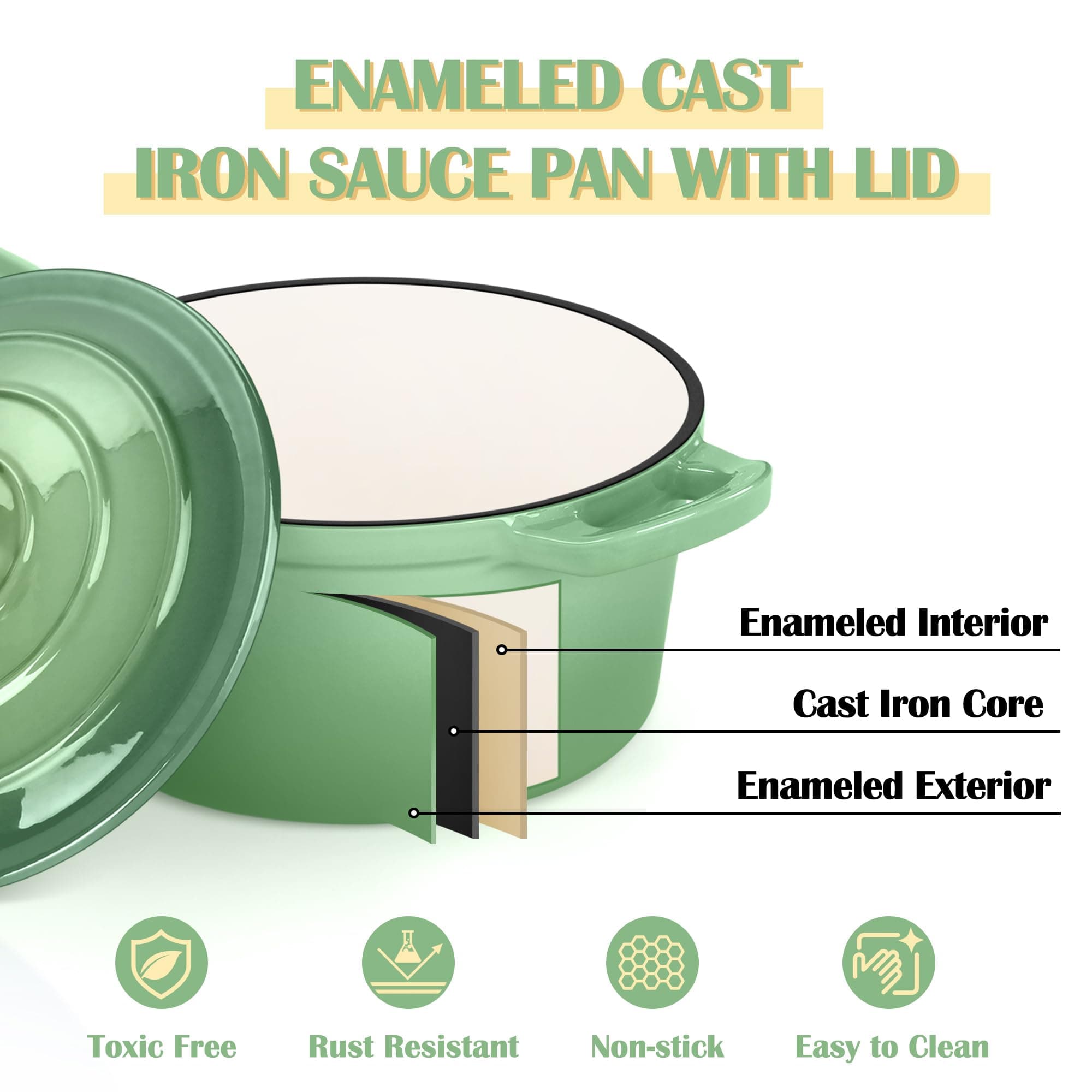 E-far Enameled Cast Iron Sauce Pan with Lid, 1 Quart Dutch Oven Saucepan, Mini S - Thumbnail 3
