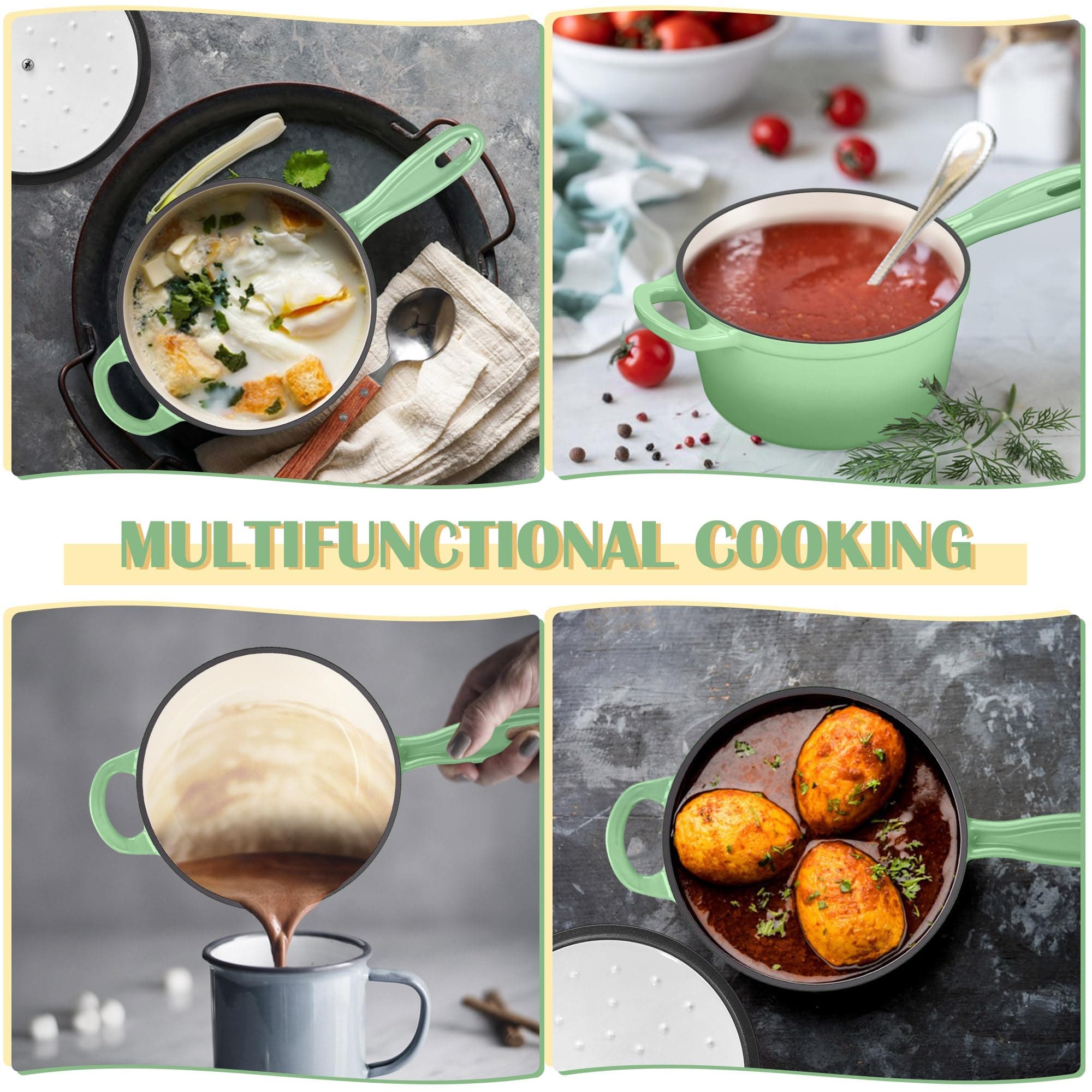 E-far Enameled Cast Iron Sauce Pan with Lid, 1 Quart Dutch Oven Saucepan, Mini S - Thumbnail 6