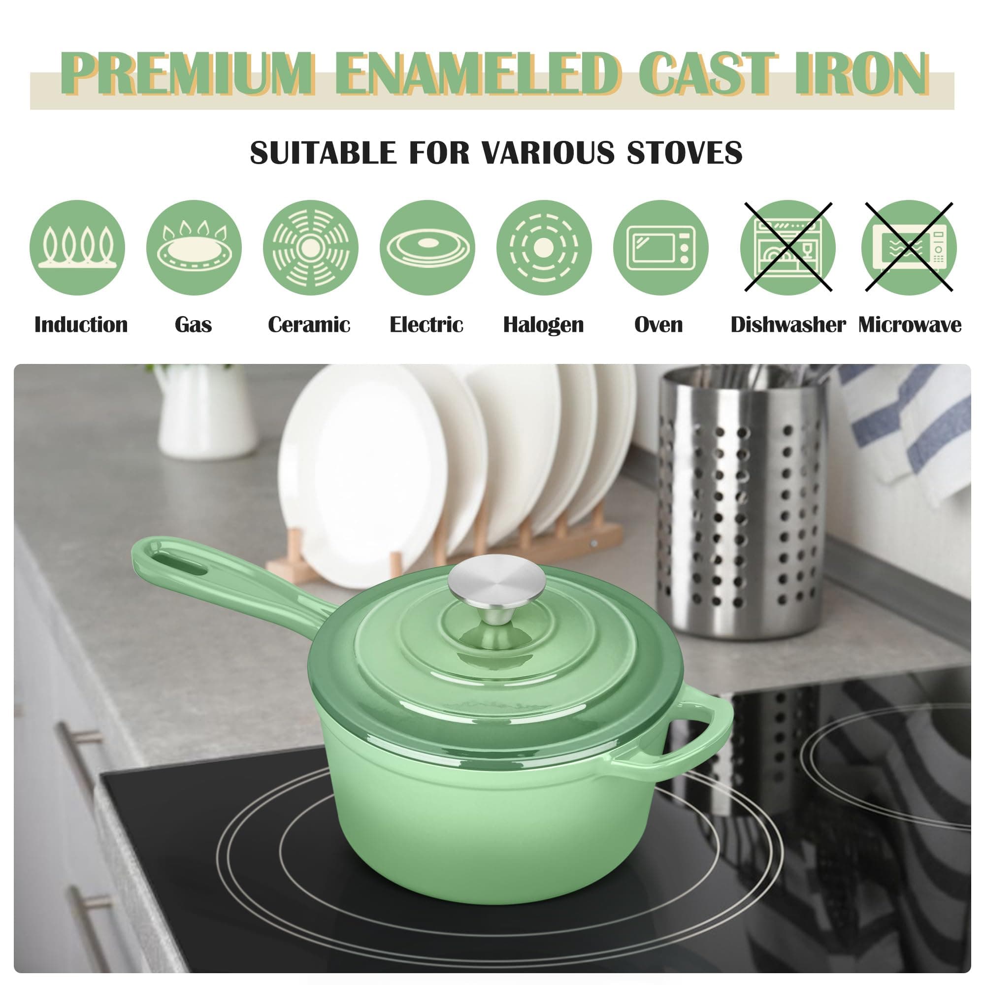 E-far Enameled Cast Iron Sauce Pan with Lid, 1 Quart Dutch Oven Saucepan, Mini S - Thumbnail 5