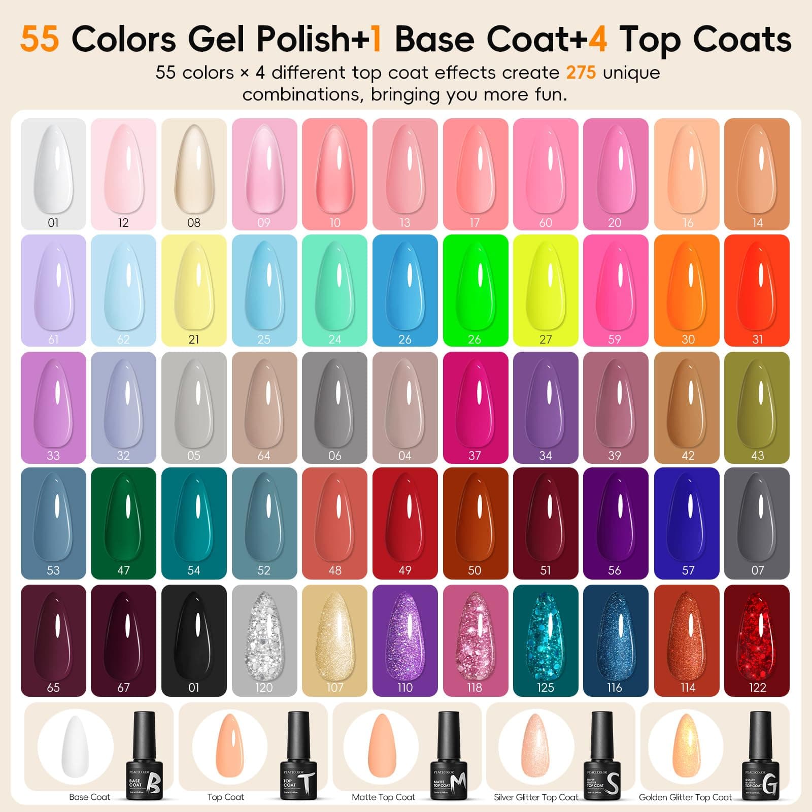 PEACECOLOR 60PCs Gel Nail Polish Set 55 Colors Gel Polish Kit with Glossy/Matte/ - Thumbnail 6
