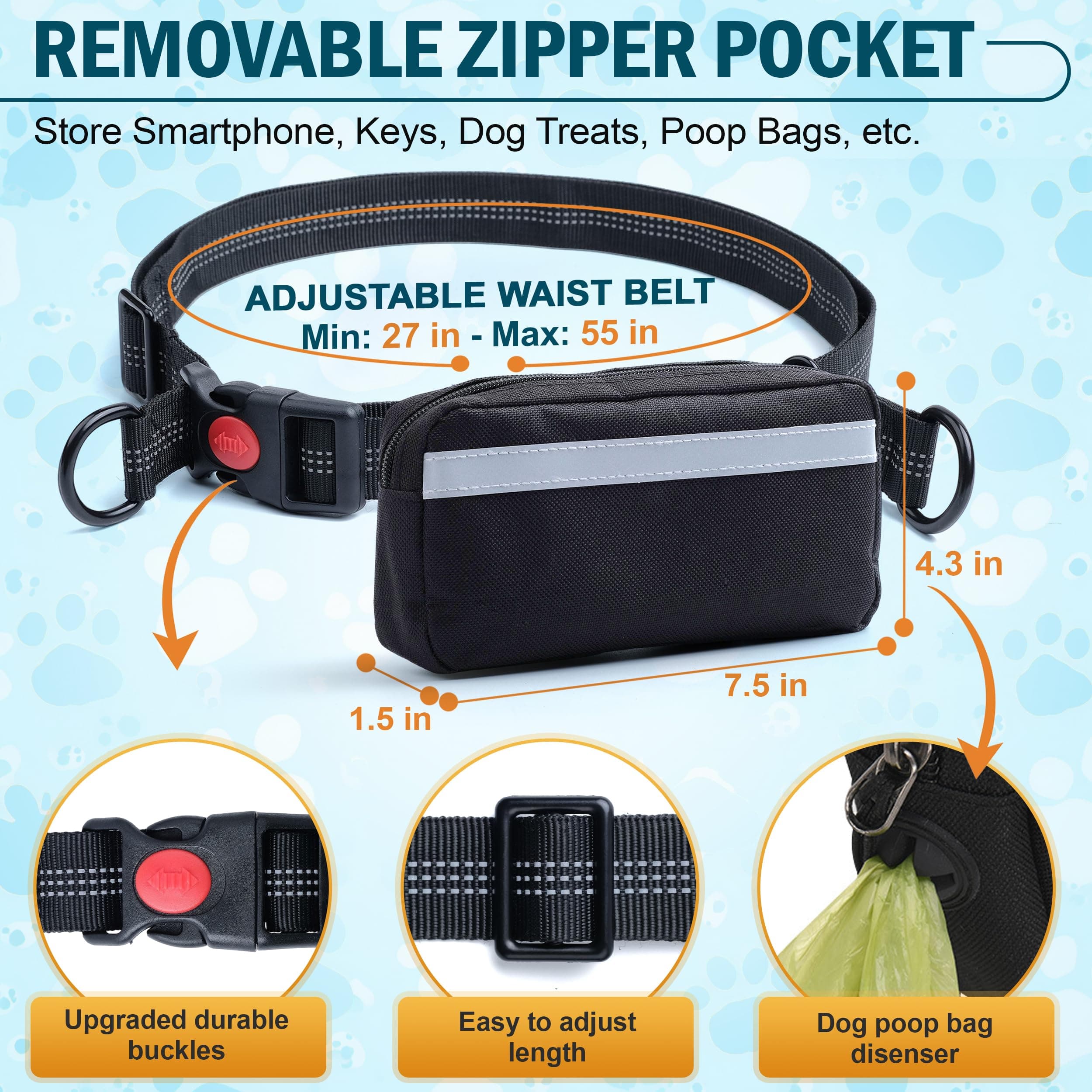 Hands Free Dog Leash for 2 Dogs – Waist Leash for Dog Walking with Dual Bungee, - Thumbnail 5