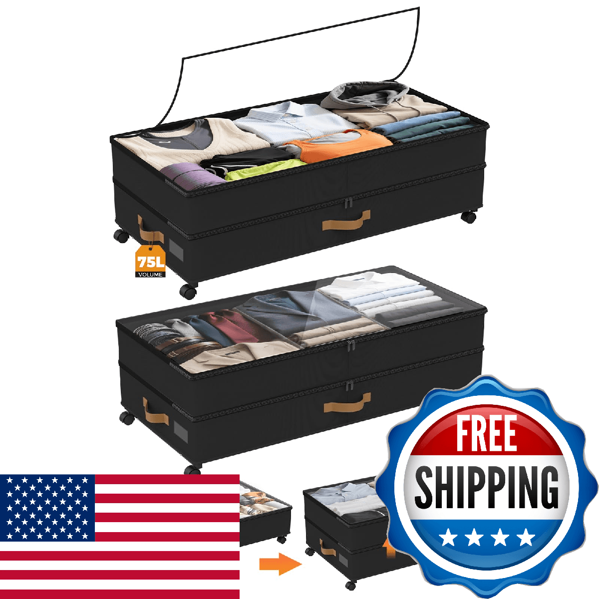 BETBEM Under Bed Storage with Wheels 2-Pack, 75L XXL Under the Bed Storage Conta - Image 1