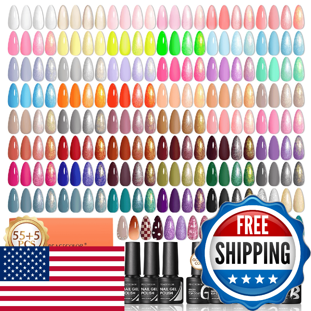 PEACECOLOR 60PCs Gel Nail Polish Set 55 Colors Gel Polish Kit with Glossy/Matte/ - Image 1