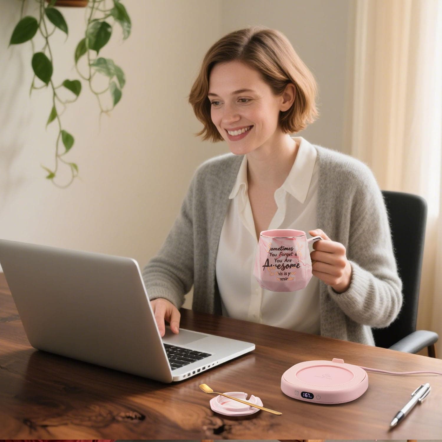 Coffee Mug Warmer & You are Awesome Mug Set, Smart Heated Electric Cup Warmer fo - Thumbnail 5