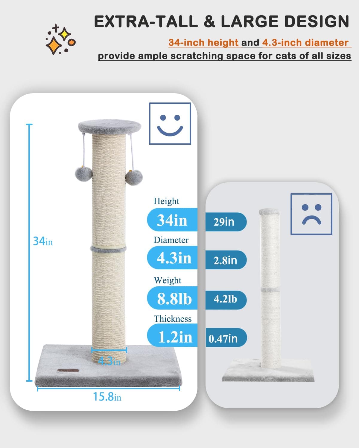 Kilodor Cat Scratching Post 34 Inches Large Sturdy Cat Post with Replaceable Sis - Thumbnail 3