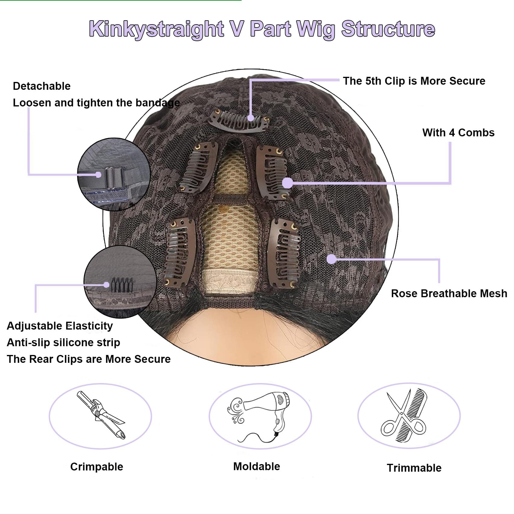 V Part Wigs Human Hair Kinky Straight Human Hair Wig Upgrade U Part Human Hair W - Thumbnail 3