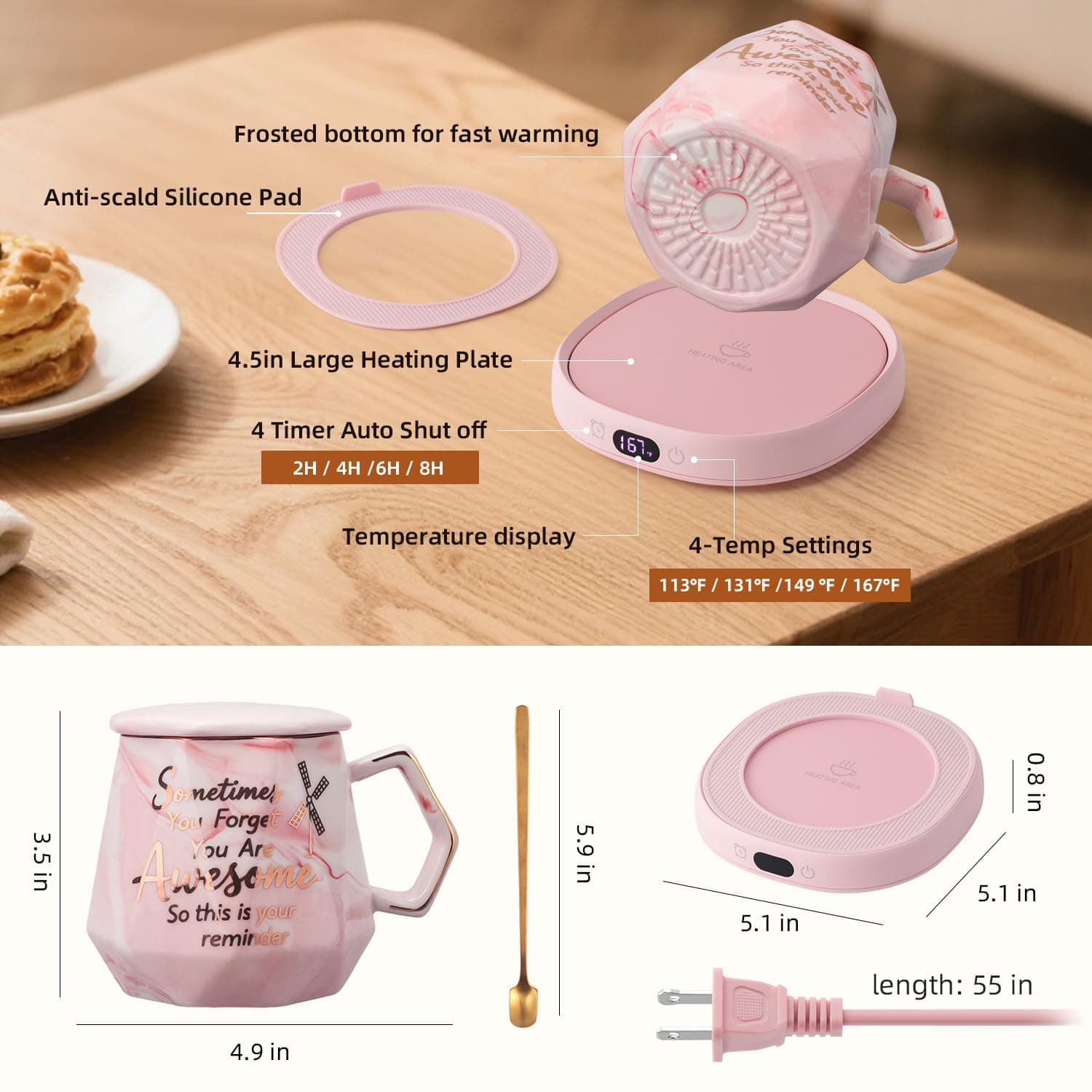 Coffee Mug Warmer & You are Awesome Mug Set, Smart Heated Electric Cup Warmer fo - Thumbnail 8