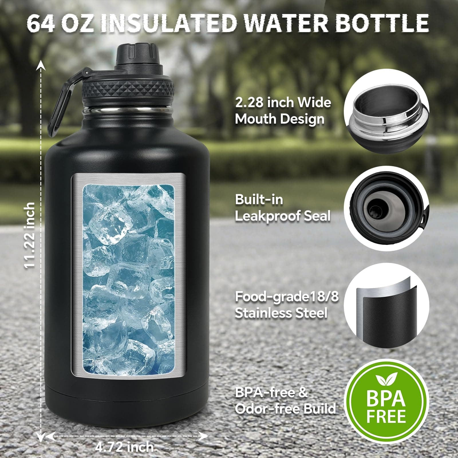 DEFUNX Half Gallon Water Bottle Insulated with Sleeve - Tactical 64 oz Stainless - Thumbnail 2