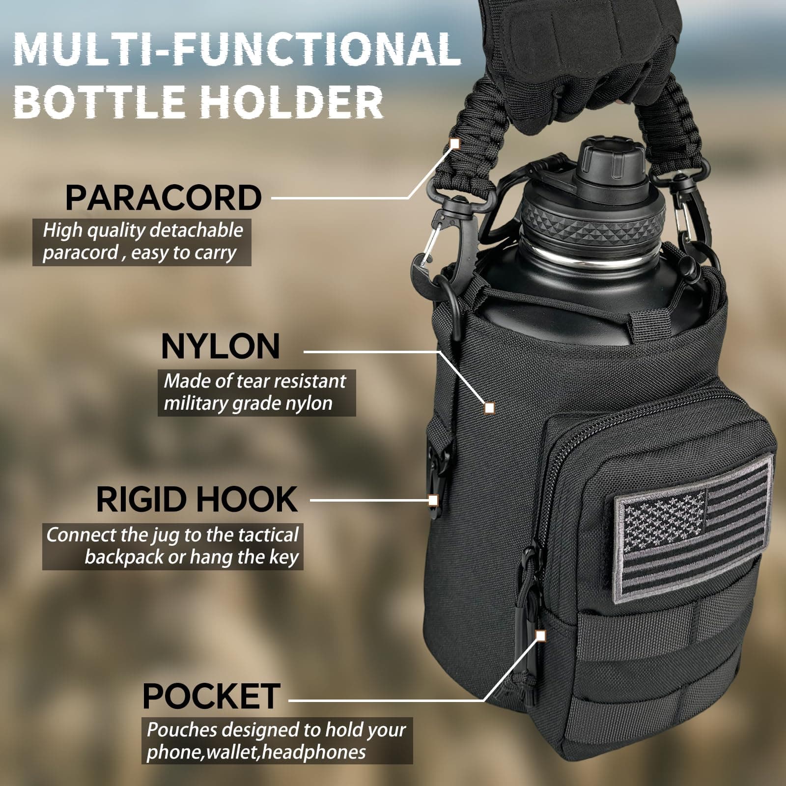 DEFUNX Half Gallon Water Bottle Insulated with Sleeve - Tactical 64 oz Stainless - Thumbnail 4