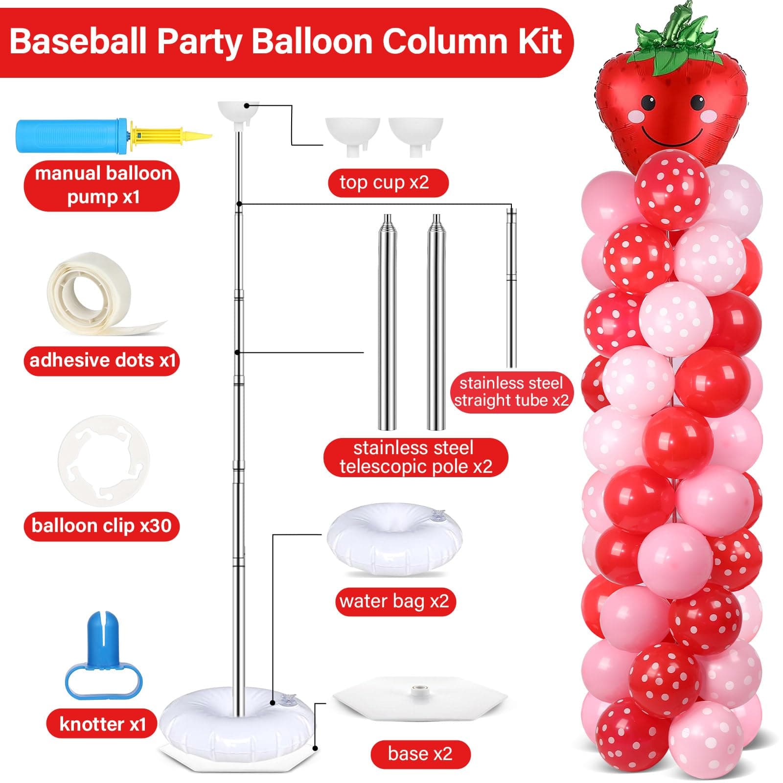 2 Sets Strawberry Party Balloon Column Stand Kit With 102 Sweet 1st Strawberry F - Thumbnail 2