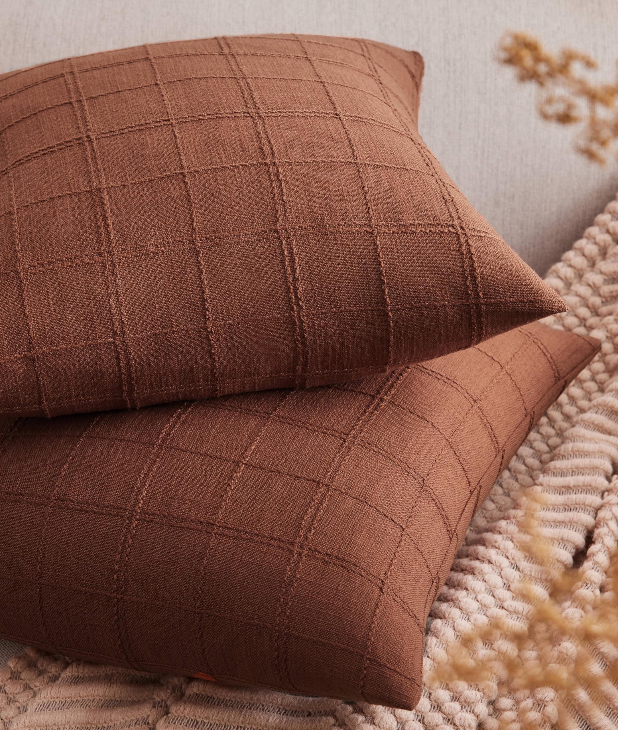ZeeMart Linen Checked Throw Pillow Covers Set of 2, 20x20 Inch Allover Grid Terr - Image 1