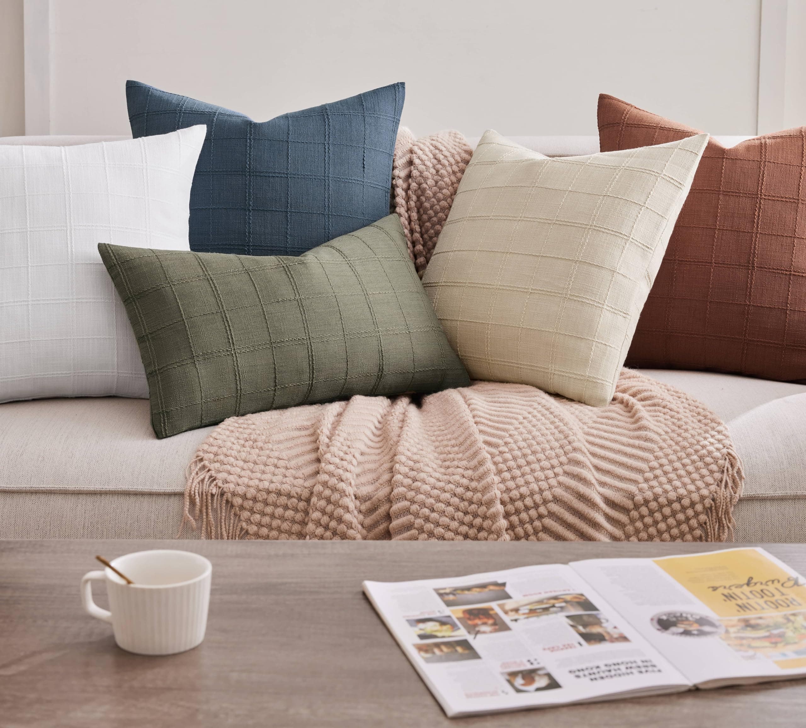 ZeeMart Linen Checked Throw Pillow Covers Set of 2, 20x20 Inch Allover Grid Terr - Thumbnail 6