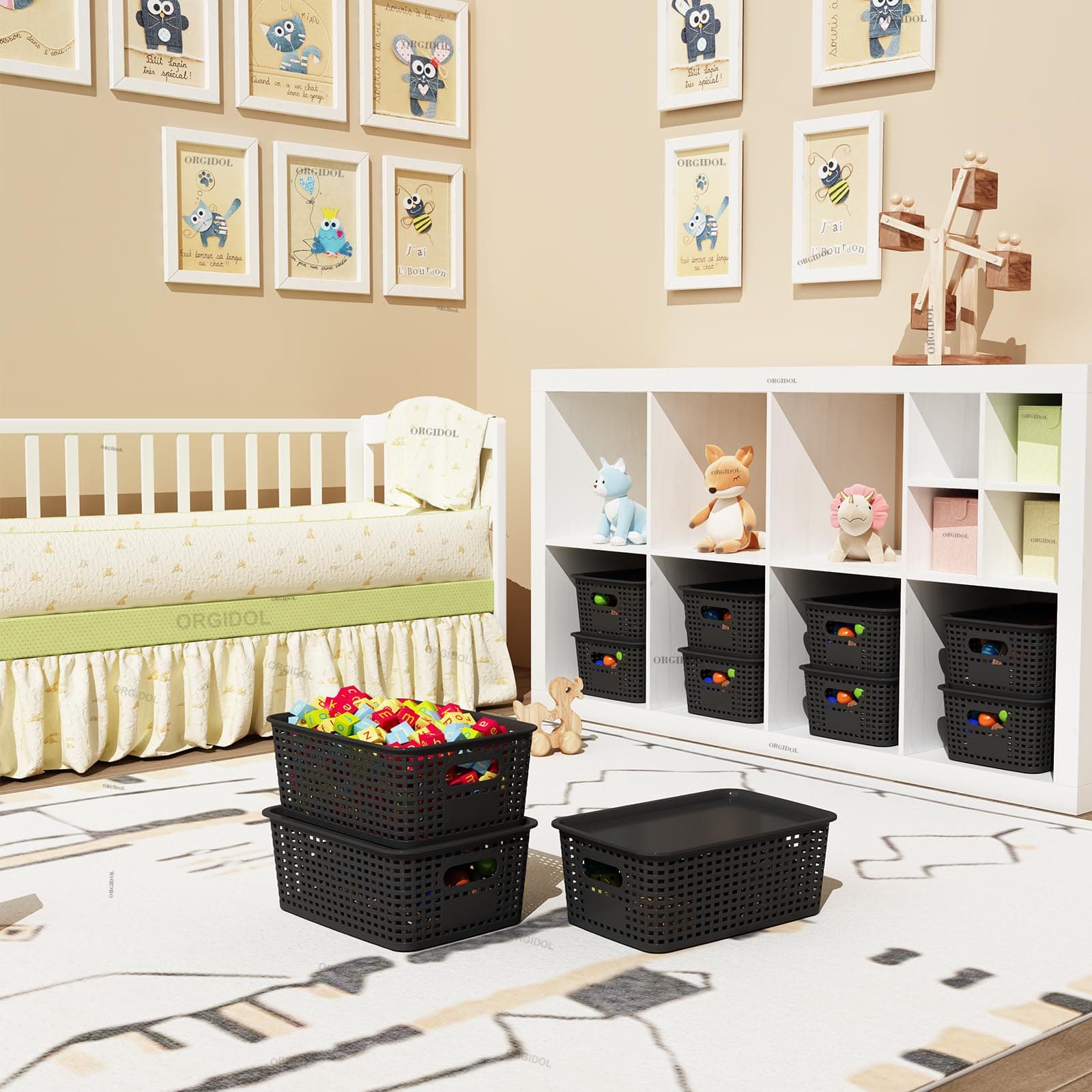 ORGIDOL Plastic Storage Basket with Lids 10 Pack Stackable Black Storage Bins Co - Thumbnail 3