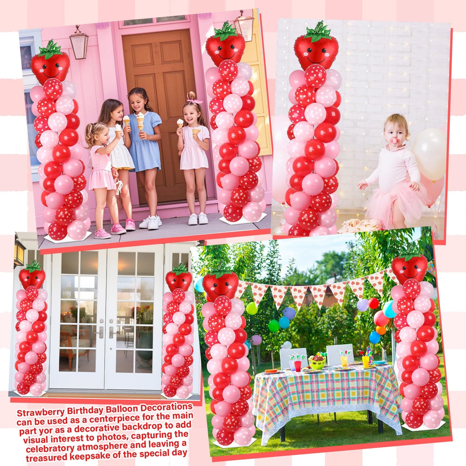 2 Sets Strawberry Party Balloon Column Stand Kit With 102 Sweet 1st Strawberry F - Thumbnail 7
