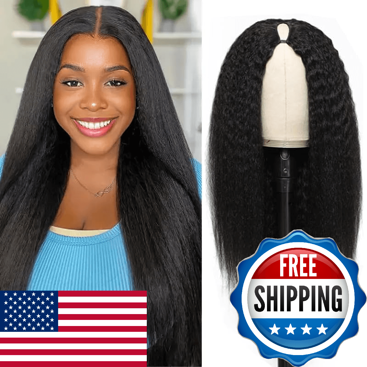 V Part Wigs Human Hair Kinky Straight Human Hair Wig Upgrade U Part Human Hair W - Image 1