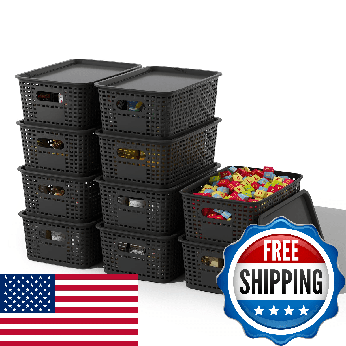 ORGIDOL Plastic Storage Basket with Lids 10 Pack Stackable Black Storage Bins Co - Image 1