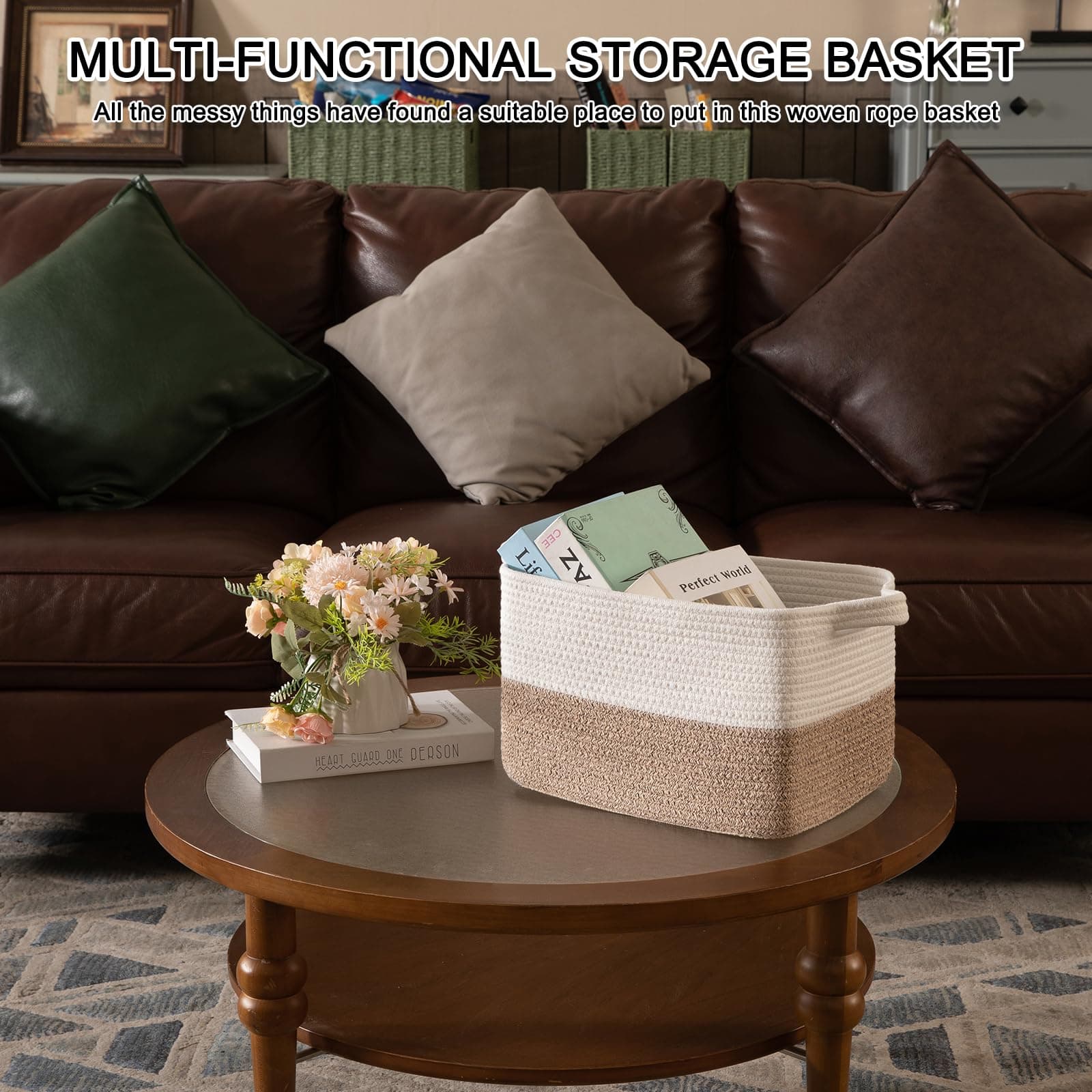 OIAHOMY Woven Storage Basket for Shelves, Rectangle Cotton Rope Baskets for Orga - Thumbnail 4
