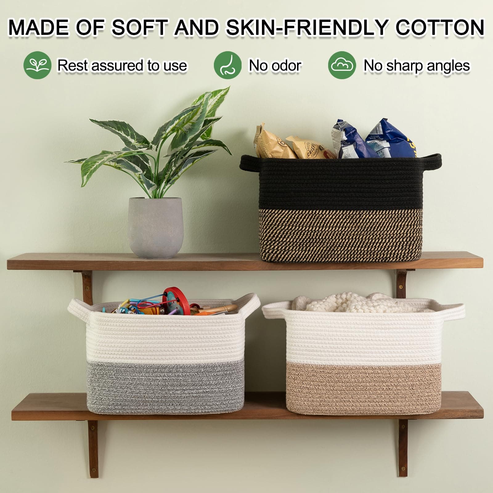 OIAHOMY Woven Storage Basket for Shelves, Rectangle Cotton Rope Baskets for Orga - Thumbnail 2
