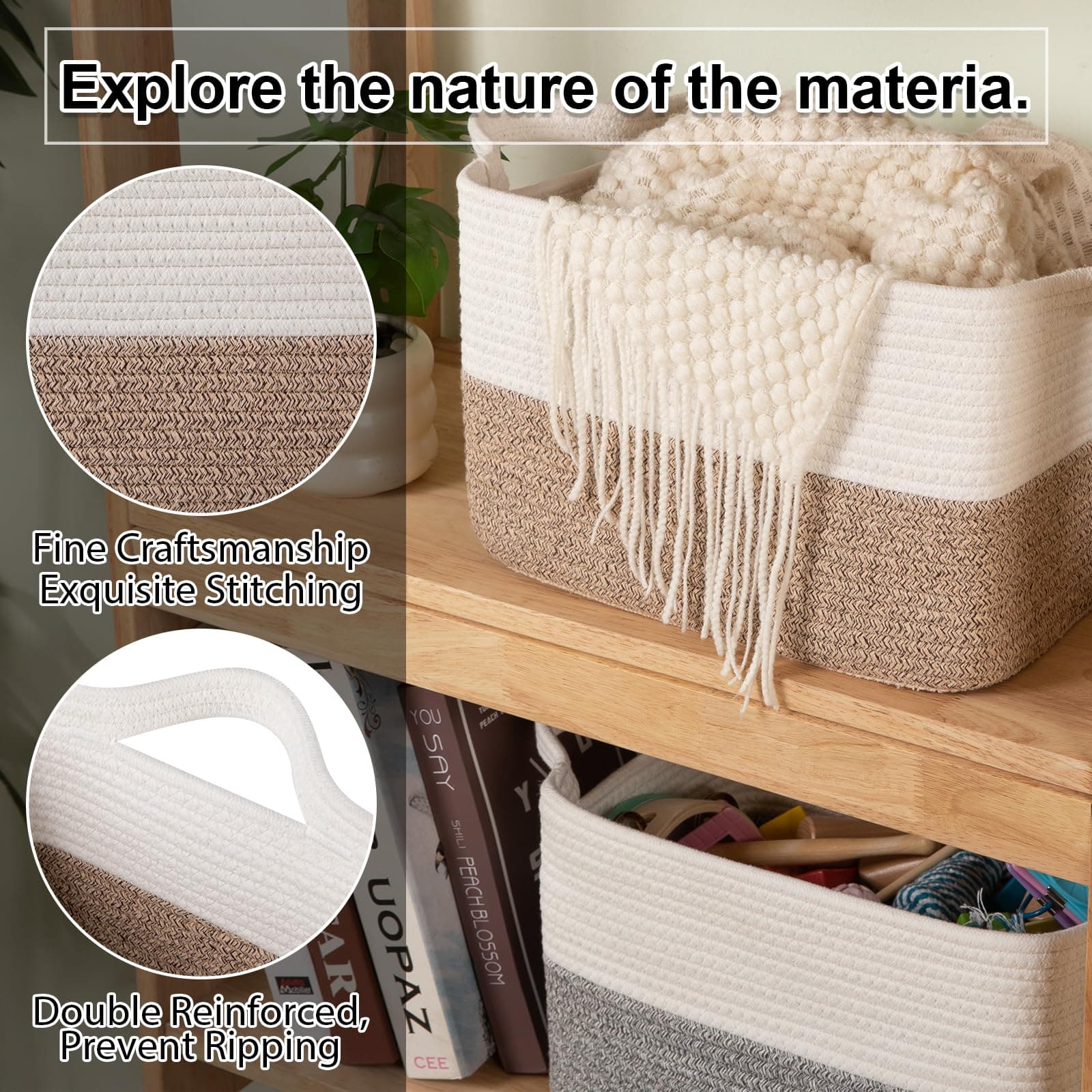 OIAHOMY Woven Storage Basket for Shelves, Rectangle Cotton Rope Baskets for Orga - Thumbnail 5
