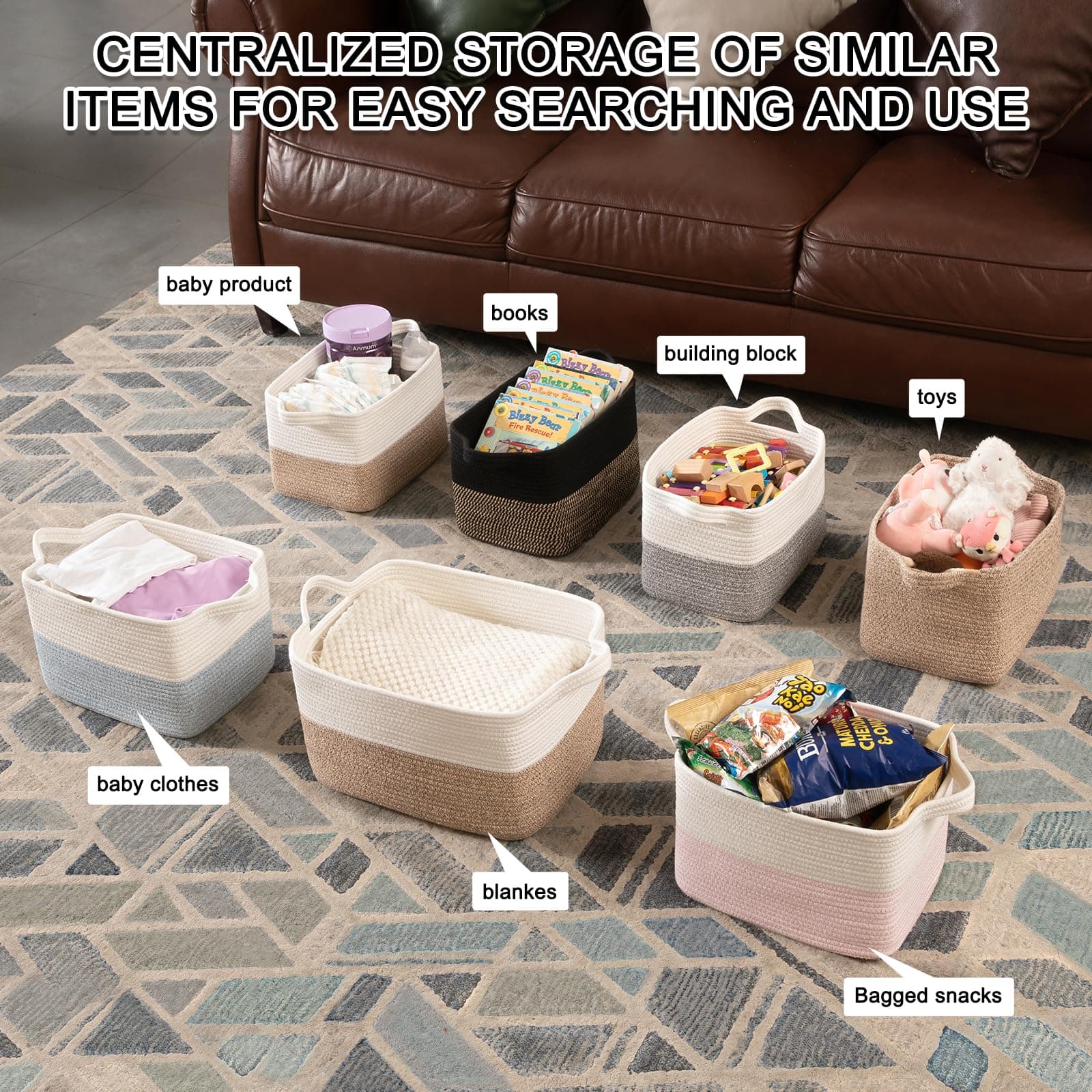 OIAHOMY Woven Storage Basket for Shelves, Rectangle Cotton Rope Baskets for Orga - Thumbnail 6