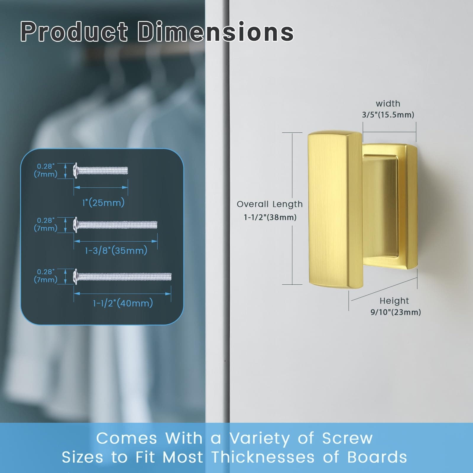 KNOBWELL 12 Pack Brushed Gold Solid Cabinet Knobs Overall Length 1-1/2 Inch Sing - Thumbnail 4