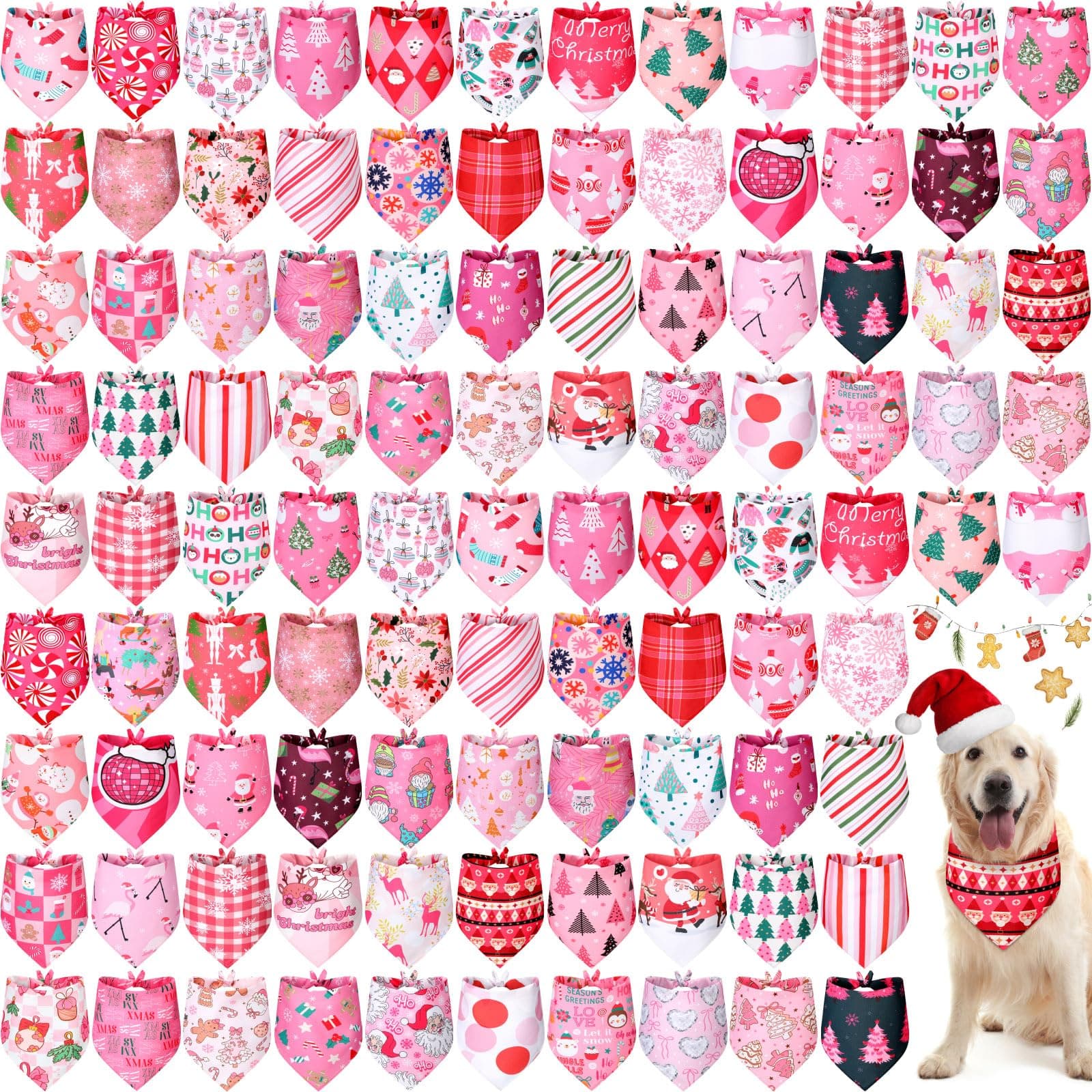 Newwiee 100 Pieces Valentine's Day Dog Bandanas Bulk for Large Dogs Pink Red Pat - Image 1