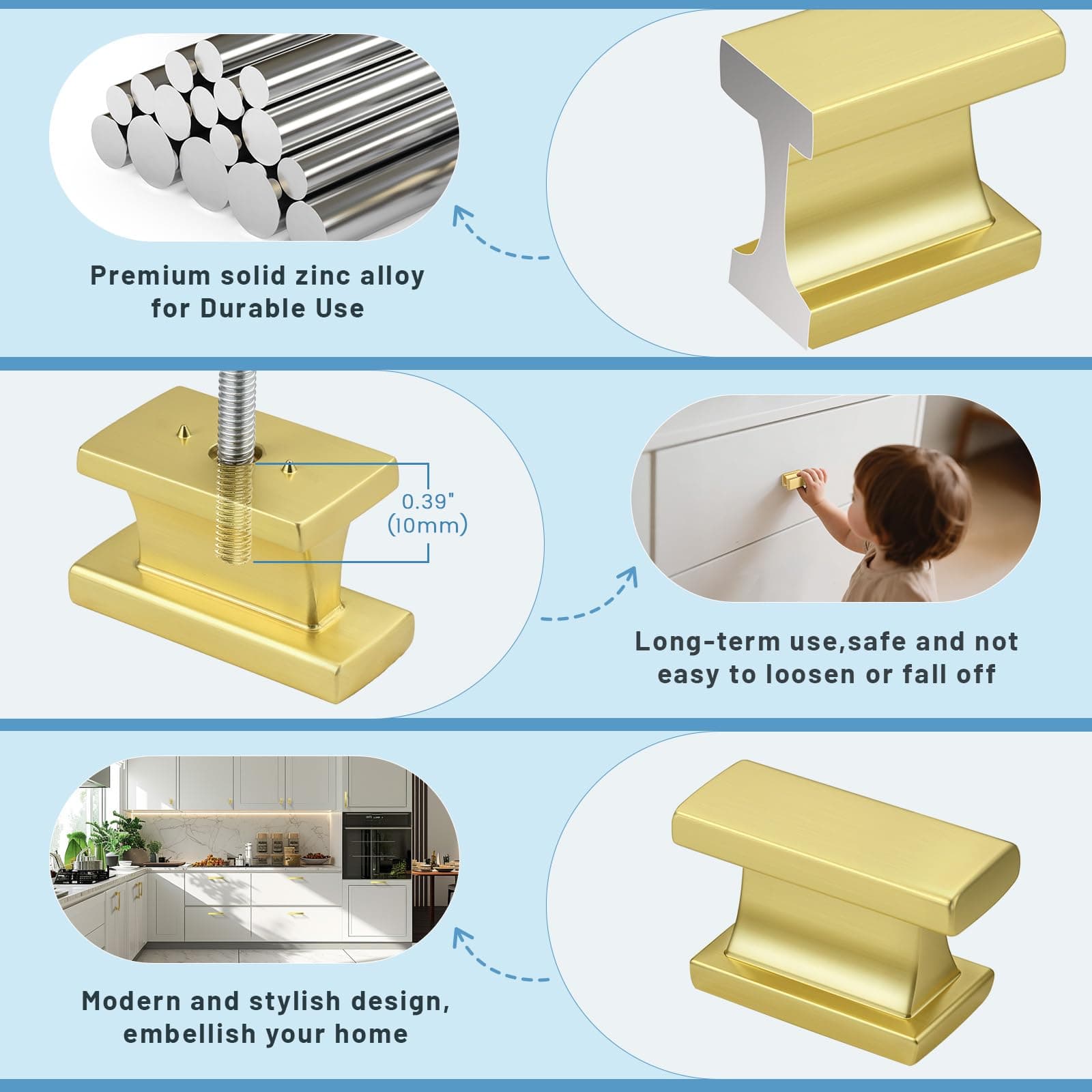 KNOBWELL 12 Pack Brushed Gold Solid Cabinet Knobs Overall Length 1-1/2 Inch Sing - Thumbnail 5