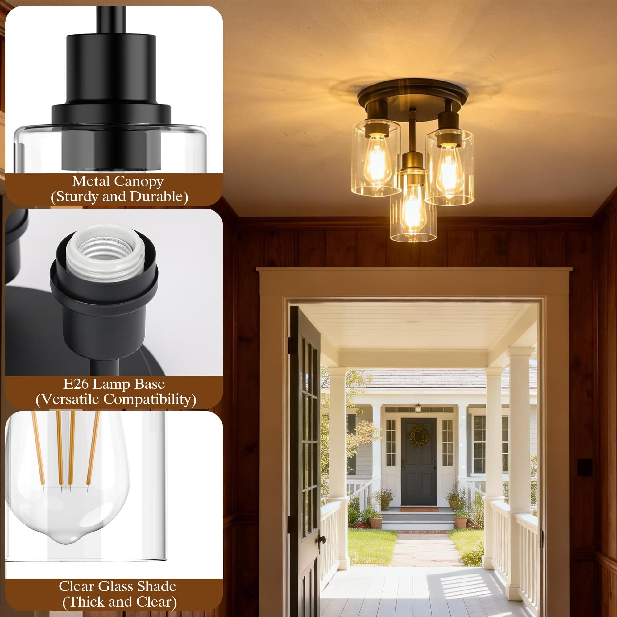 ROTTOGOON Semi Flush Mount Ceiling Light, Close to Ceiling Lights Fixtures, 3 Li - Thumbnail 2