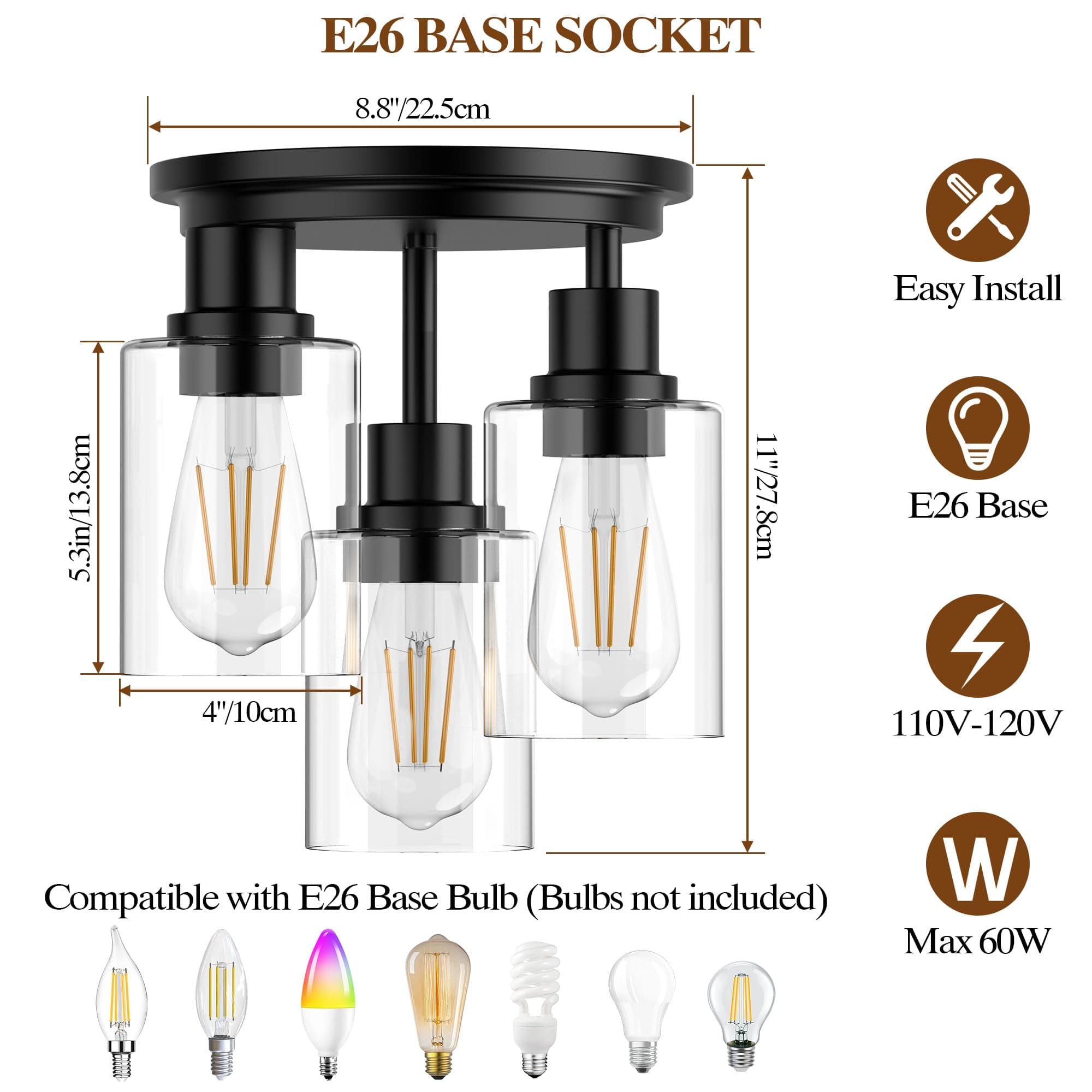 ROTTOGOON Semi Flush Mount Ceiling Light, Close to Ceiling Lights Fixtures, 3 Li - Thumbnail 4