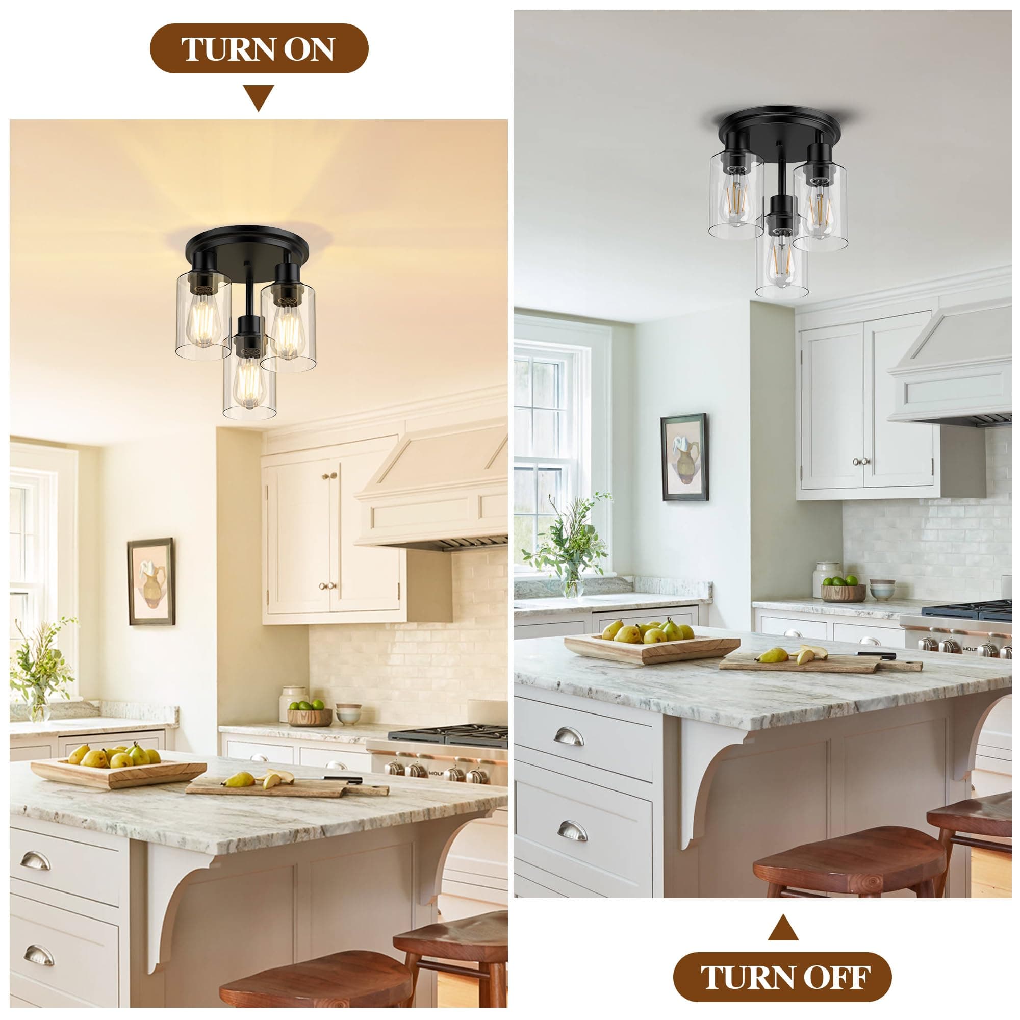 ROTTOGOON Semi Flush Mount Ceiling Light, Close to Ceiling Lights Fixtures, 3 Li - Thumbnail 8