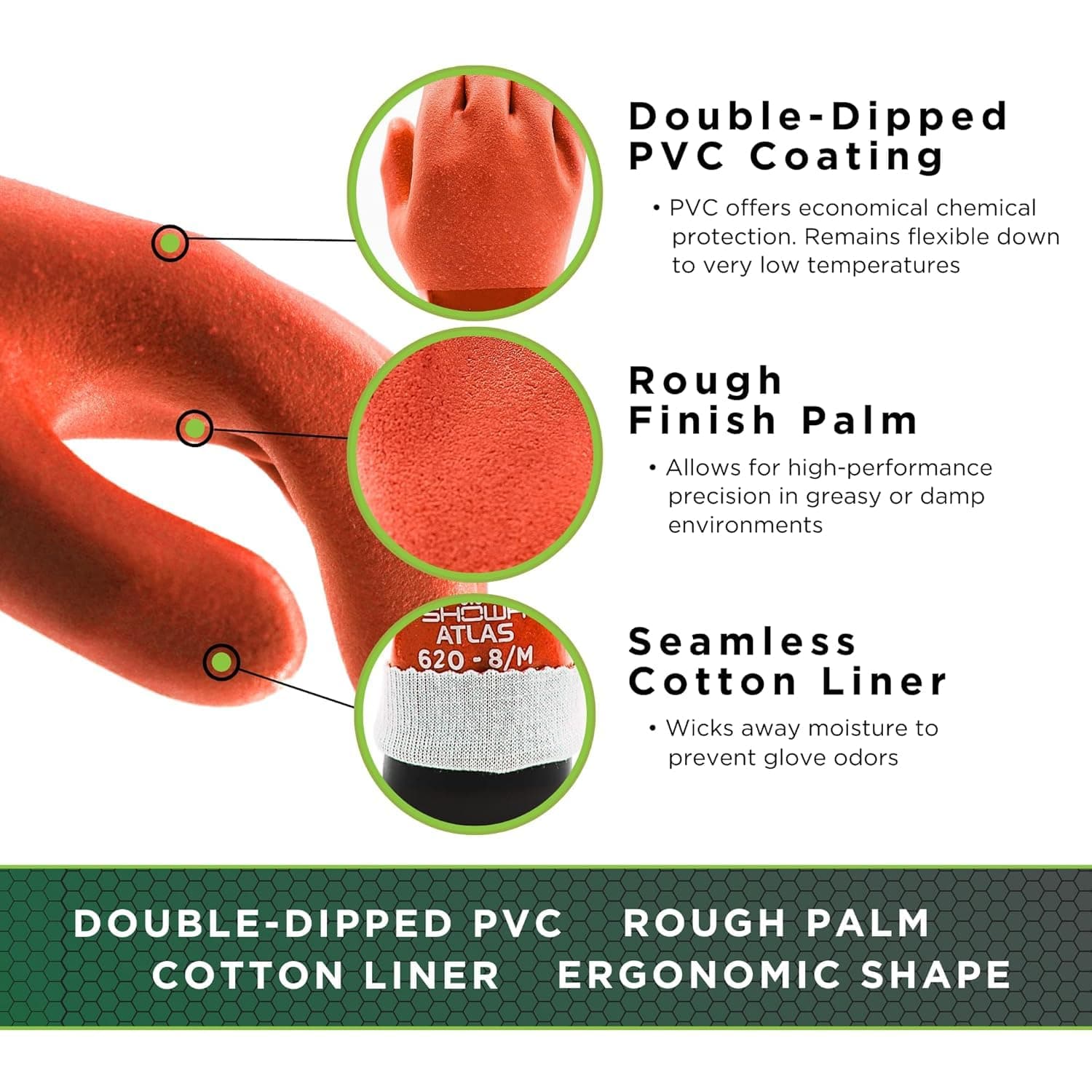 SHOWA Atlas 620 Double-Dipped PVC Chemical Resistant Gloves, Rough Finish Grip, - Thumbnail 2