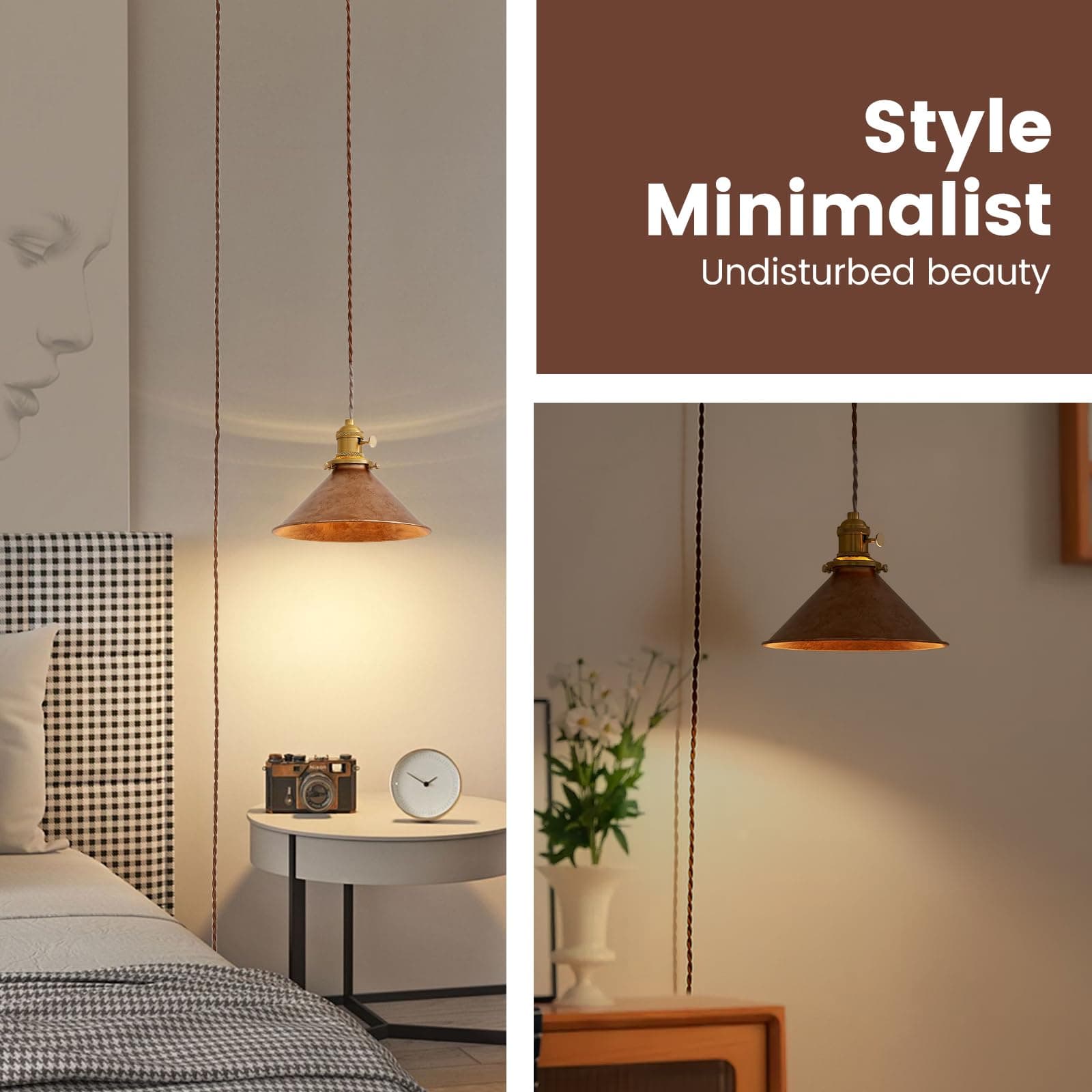 Oyisen Hanging Light Plug in,Vintage Hanging Lamp Plug in with Rusted Copper 8.2 - Thumbnail 3