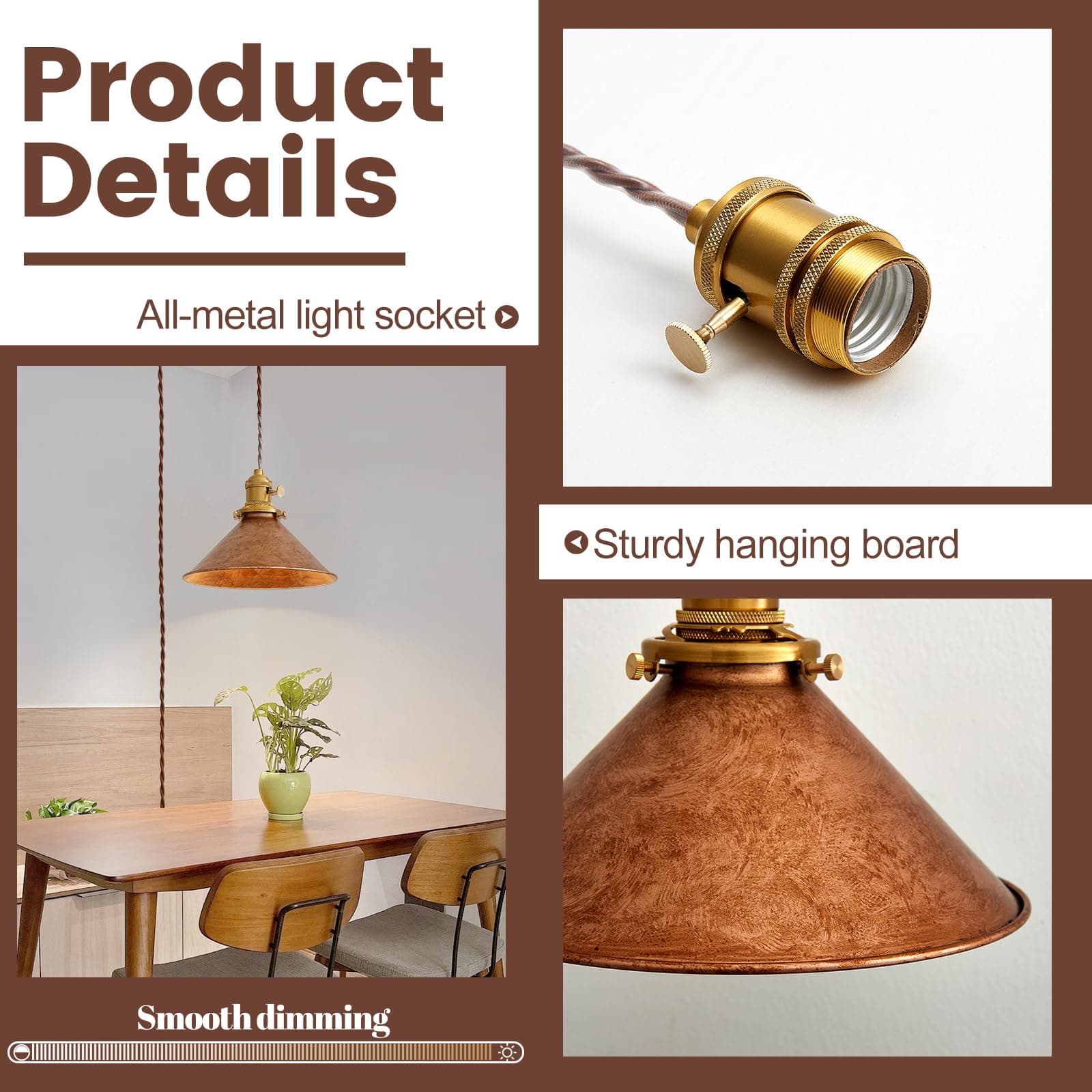 Oyisen Hanging Light Plug in,Vintage Hanging Lamp Plug in with Rusted Copper 8.2 - Thumbnail 5