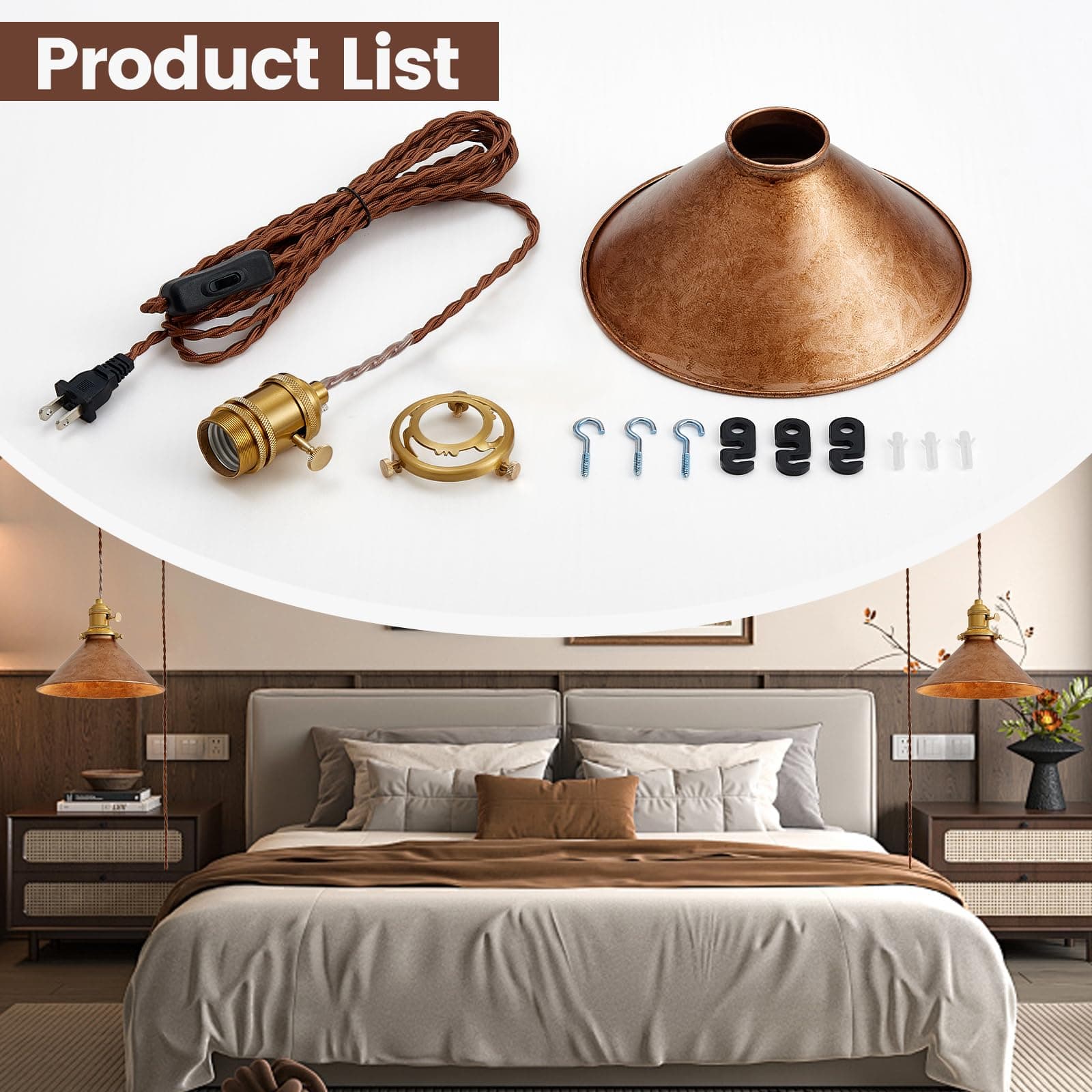 Oyisen Hanging Light Plug in,Vintage Hanging Lamp Plug in with Rusted Copper 8.2 - Thumbnail 6