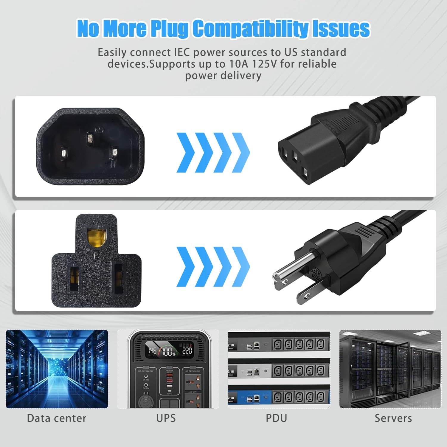 10 Pack IEC320 C14 Male to Nema 5-15R PDU USA UPS Extension Power Plug Adapter,I - Thumbnail 3
