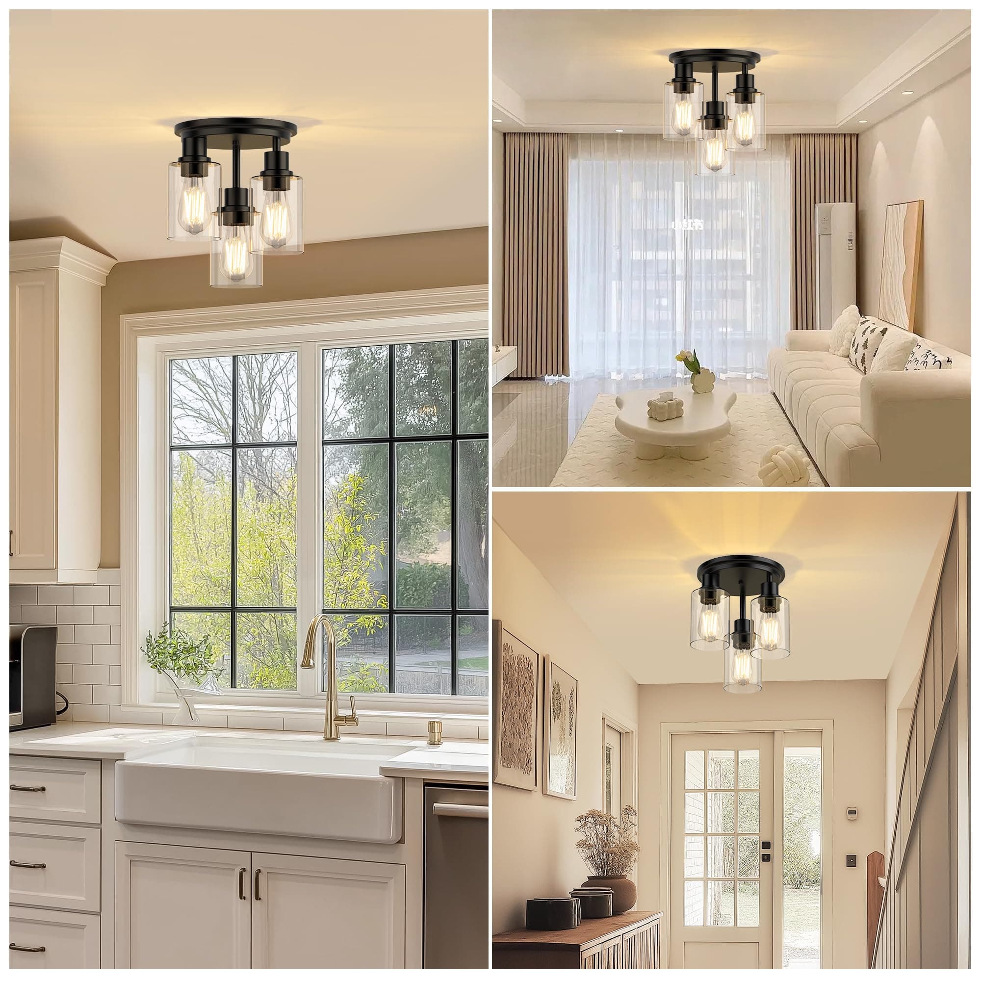 ROTTOGOON Semi Flush Mount Ceiling Light, Close to Ceiling Lights Fixtures, 3 Li - Thumbnail 9
