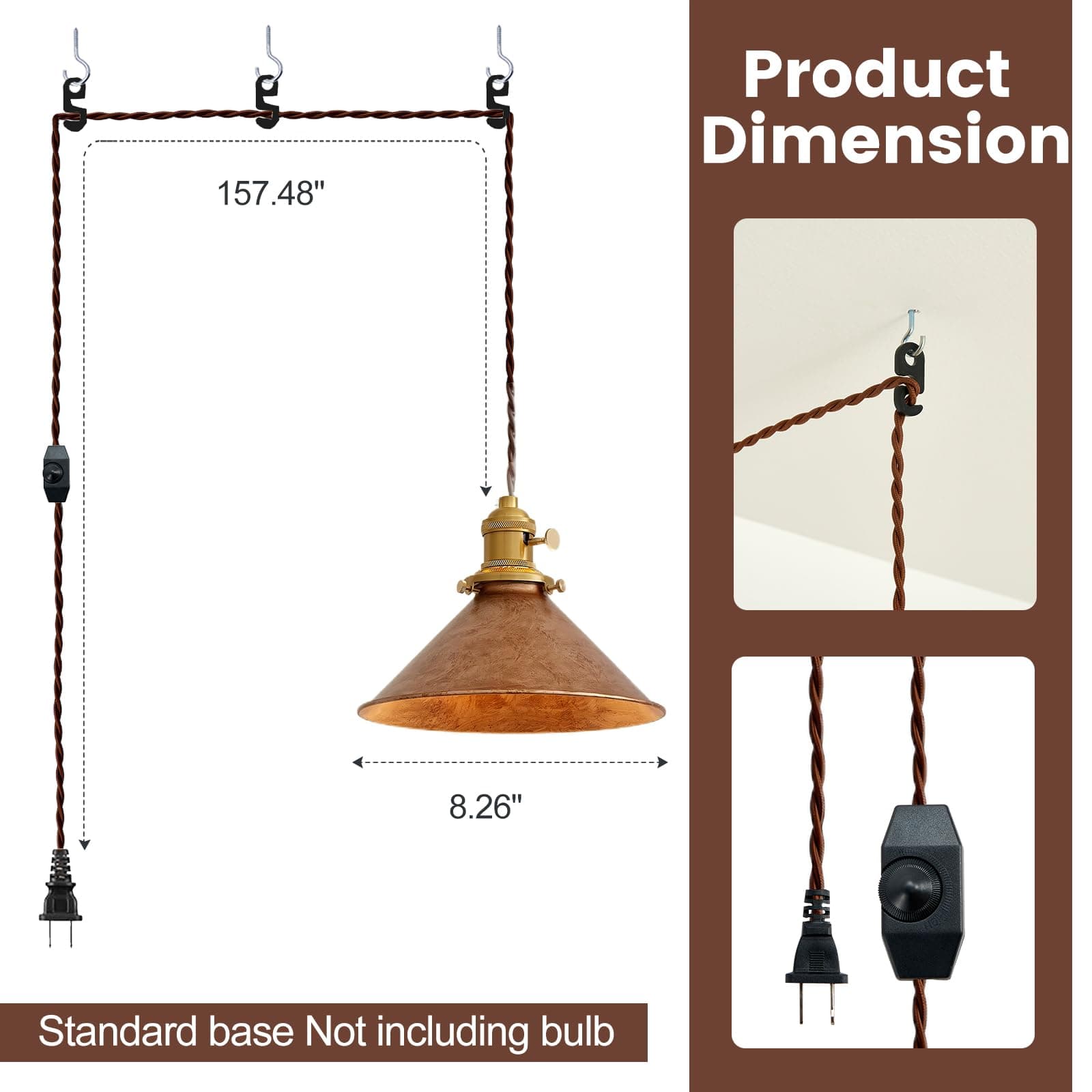 Oyisen Hanging Light Plug in,Vintage Hanging Lamp Plug in with Rusted Copper 8.2 - Thumbnail 7