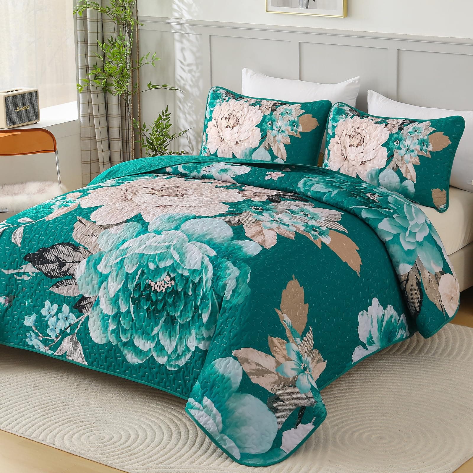 WONGS BEDDING Teal Boho Floral Quilt Set King, 3 Pieces Elegant Flower Bedspread - Thumbnail 2