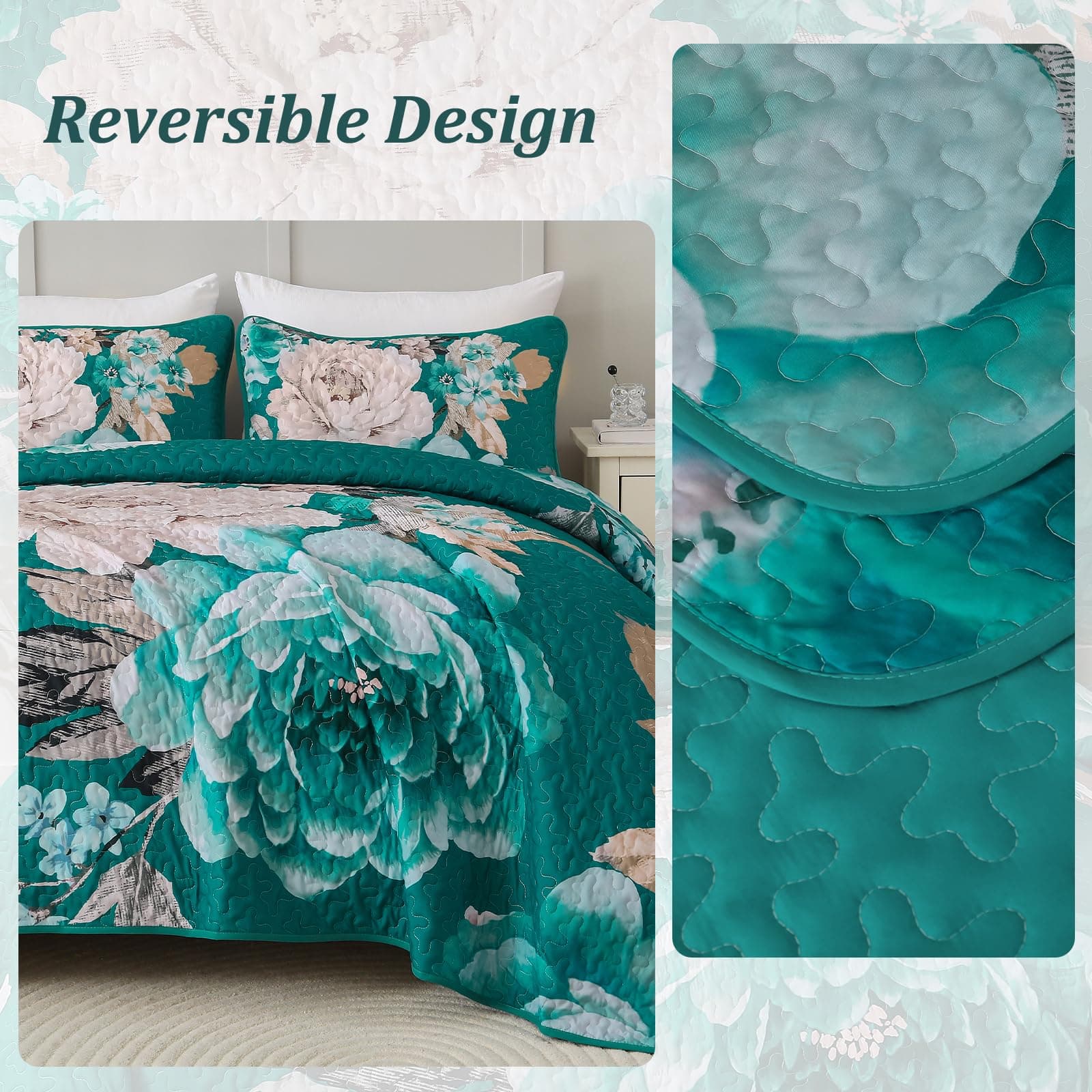 WONGS BEDDING Teal Boho Floral Quilt Set King, 3 Pieces Elegant Flower Bedspread - Thumbnail 4