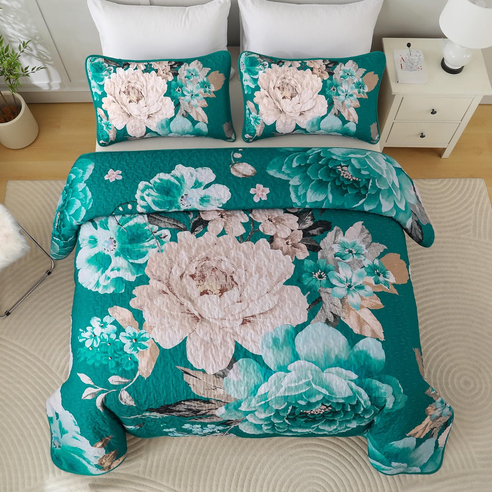 WONGS BEDDING Teal Boho Floral Quilt Set King, 3 Pieces Elegant Flower Bedspread - Thumbnail 3