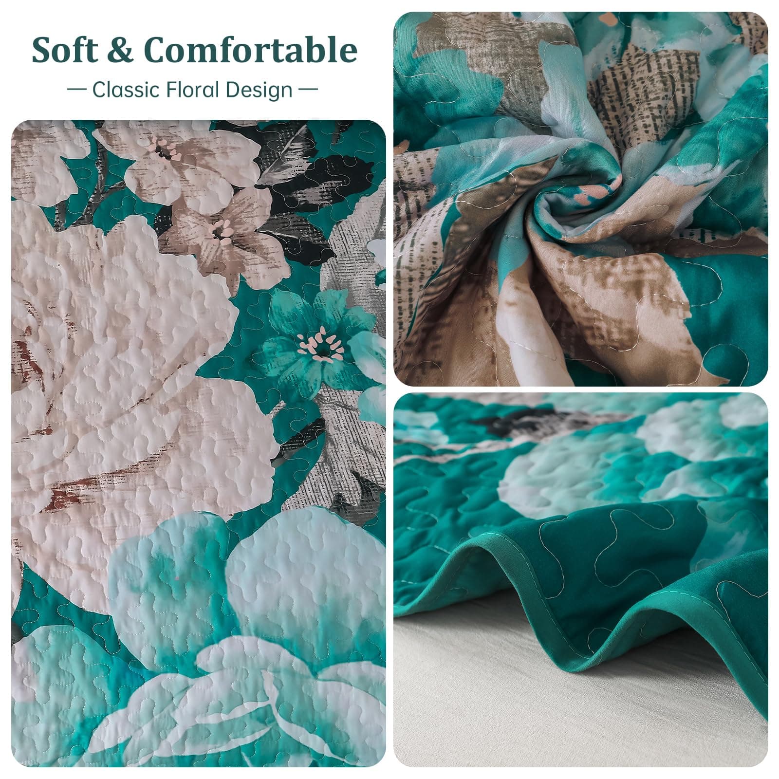 WONGS BEDDING Teal Boho Floral Quilt Set King, 3 Pieces Elegant Flower Bedspread - Thumbnail 5