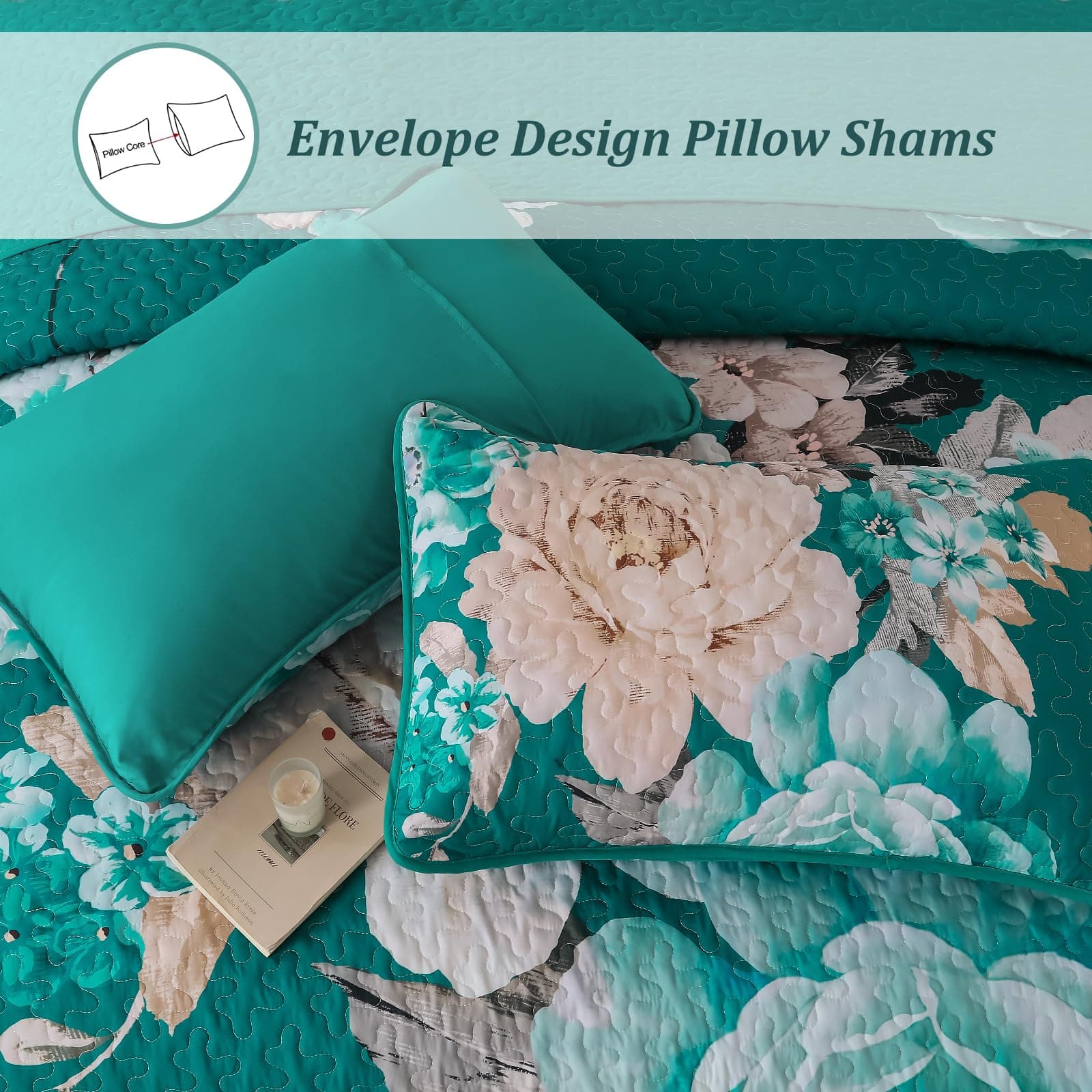 WONGS BEDDING Teal Boho Floral Quilt Set King, 3 Pieces Elegant Flower Bedspread - Thumbnail 6