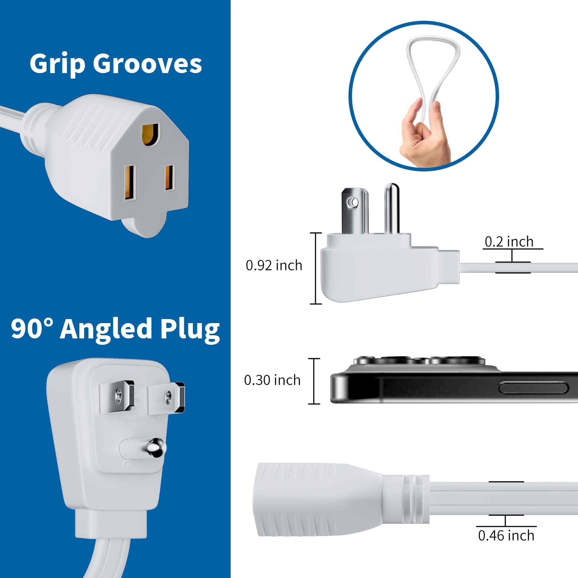 Adoreen 14/3 Gauge Flat Appliance Power Extension Cord 30 Ft White, 3 Prong Flat - Thumbnail 2