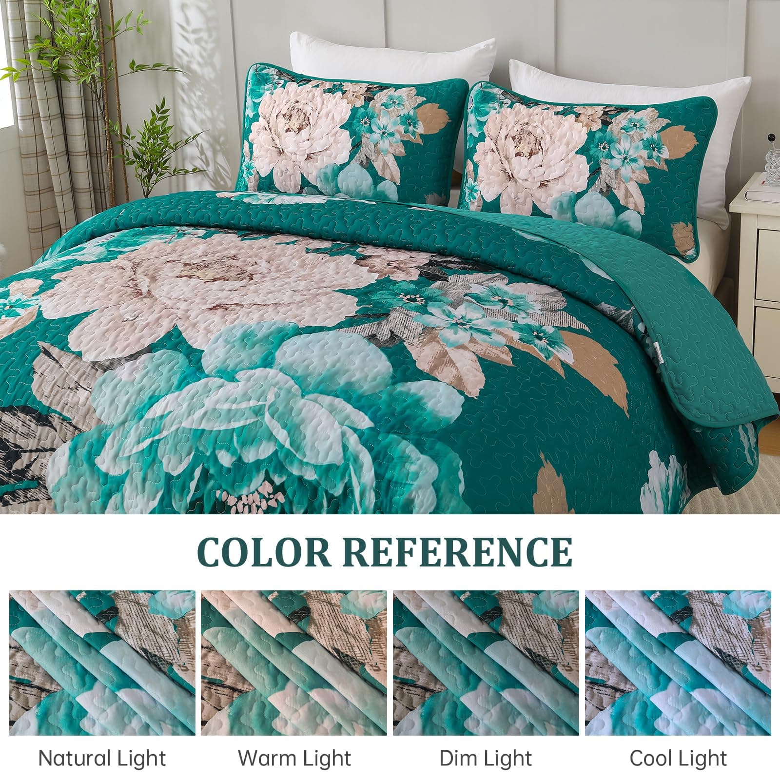 WONGS BEDDING Teal Boho Floral Quilt Set King, 3 Pieces Elegant Flower Bedspread - Thumbnail 7