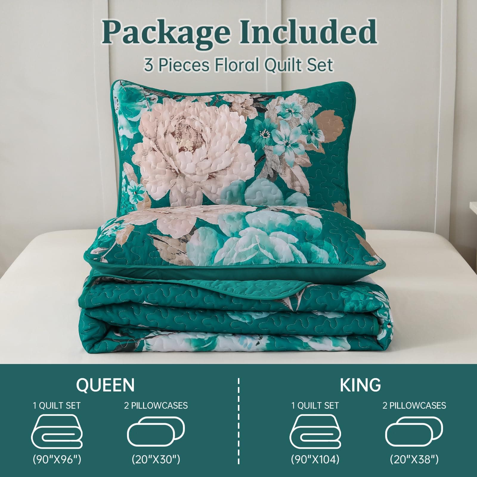 WONGS BEDDING Teal Boho Floral Quilt Set King, 3 Pieces Elegant Flower Bedspread - Thumbnail 8